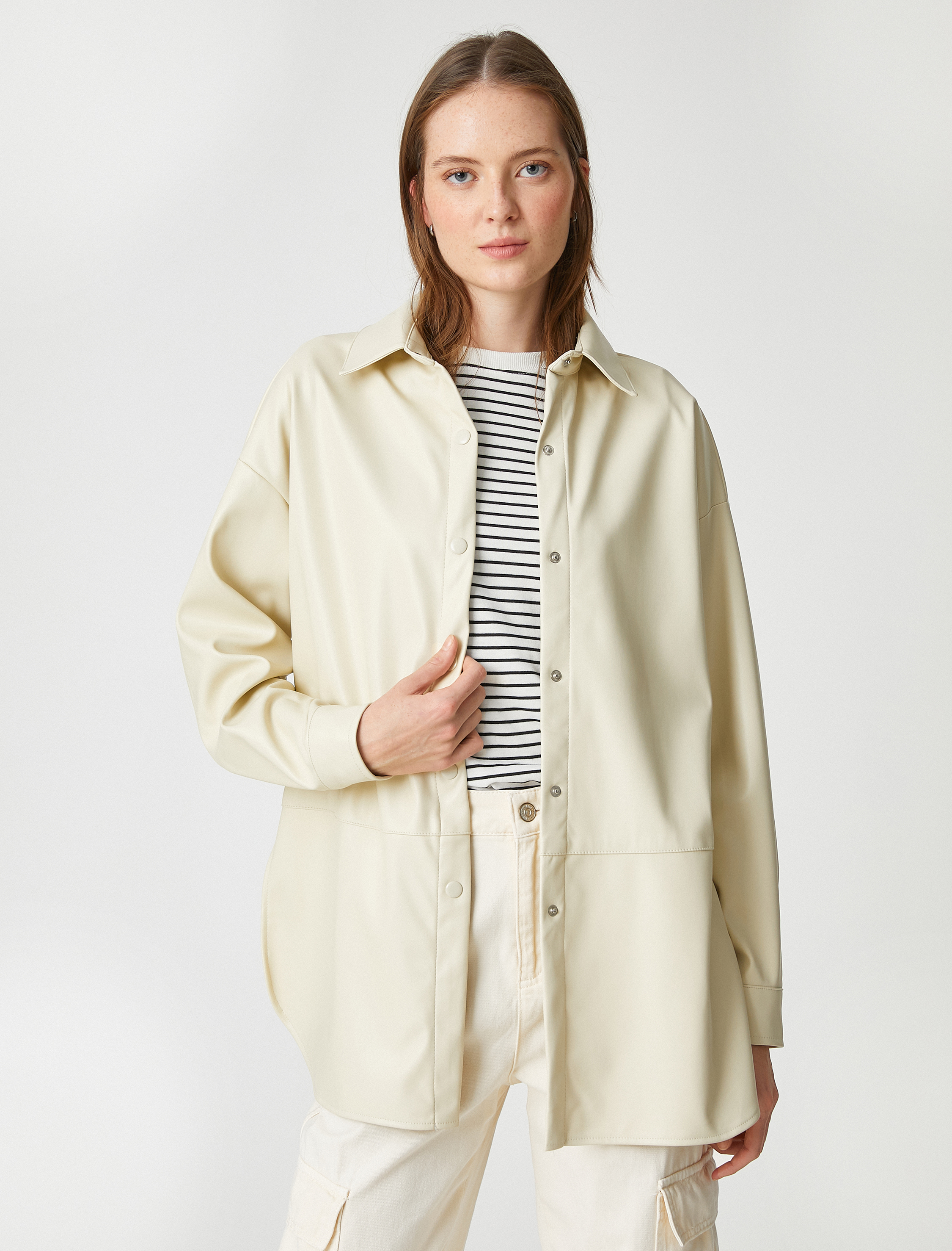   Suni Deri Gömlek Ceket Çıtçıtlı Yırtmaç Detaylı