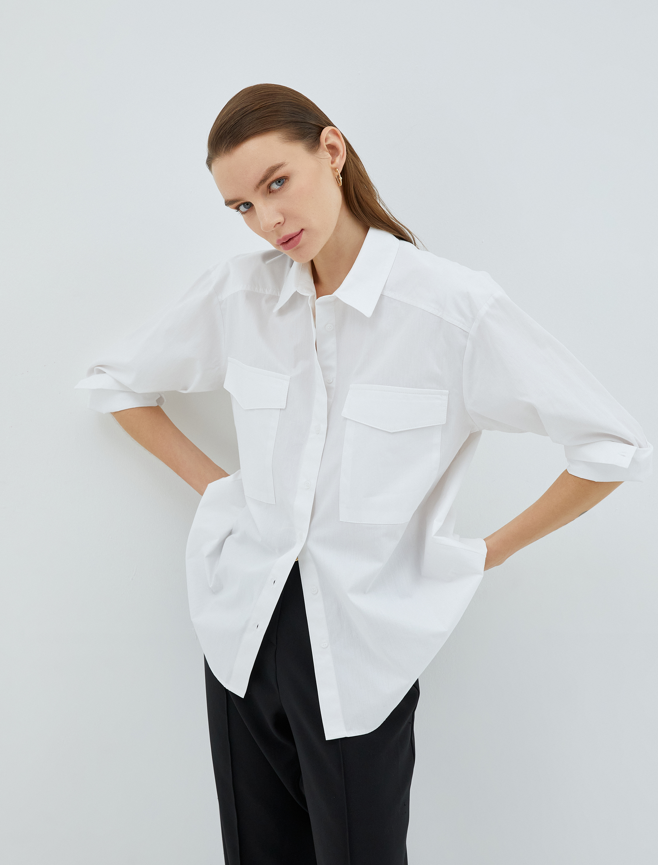   Oversize Pamuklu Gömlek Cep Detaylı