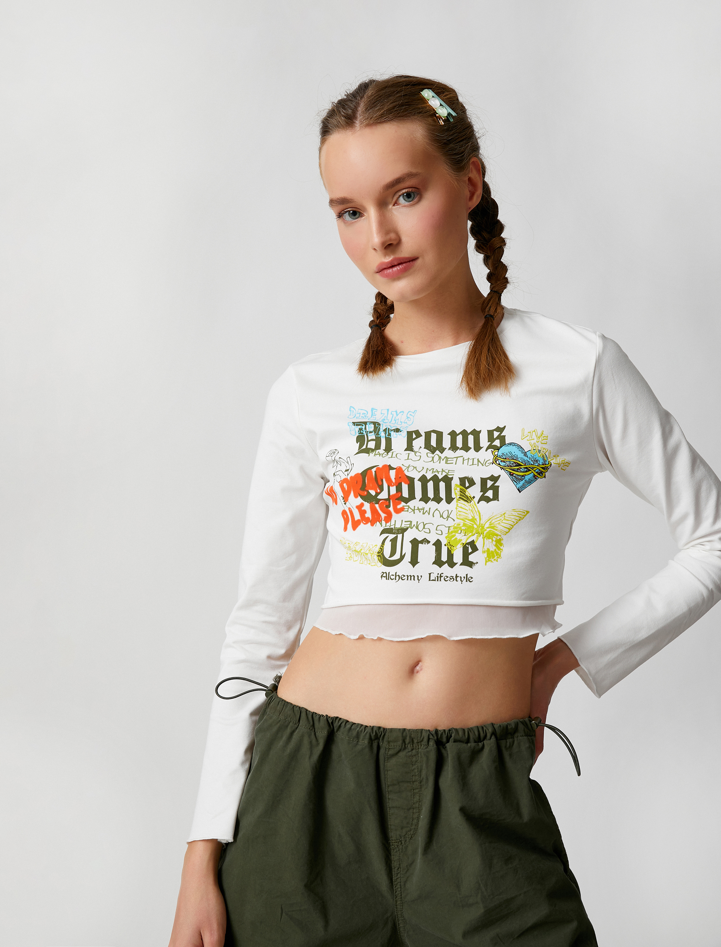   Uzun Kollu Tişört Crop Baskılı Bisiklet Yaka