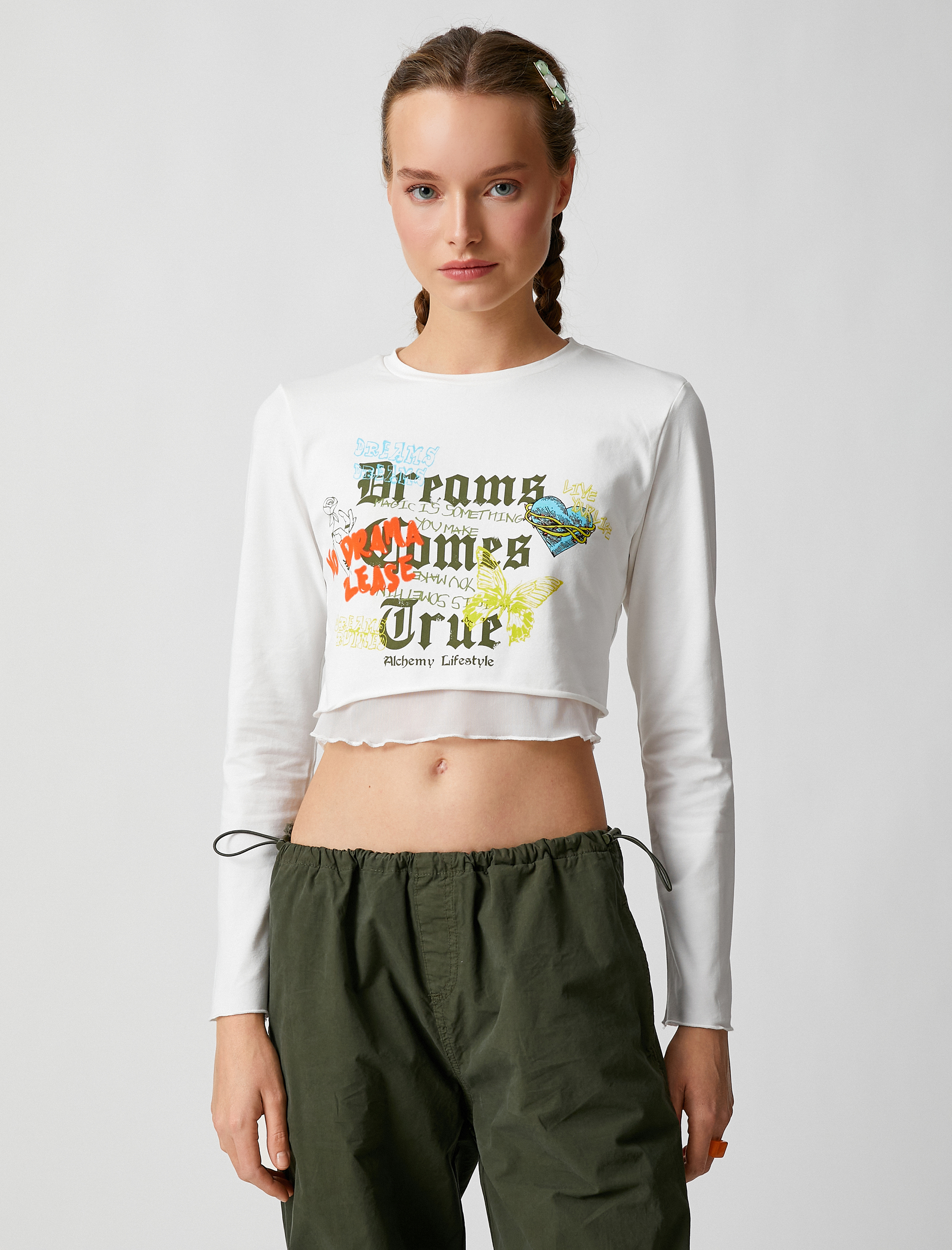   Uzun Kollu Tişört Crop Baskılı Bisiklet Yaka