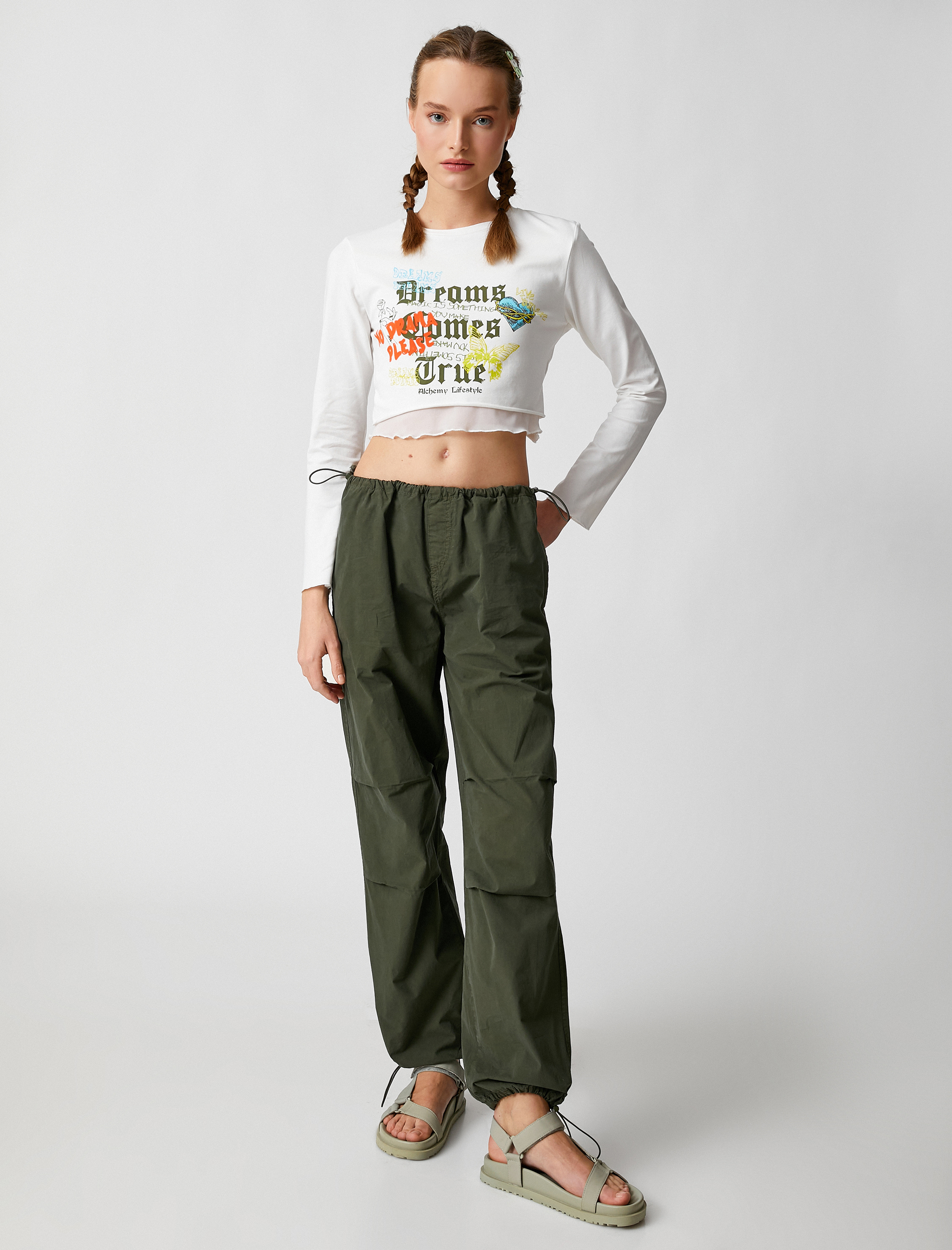   Uzun Kollu Tişört Crop Baskılı Bisiklet Yaka