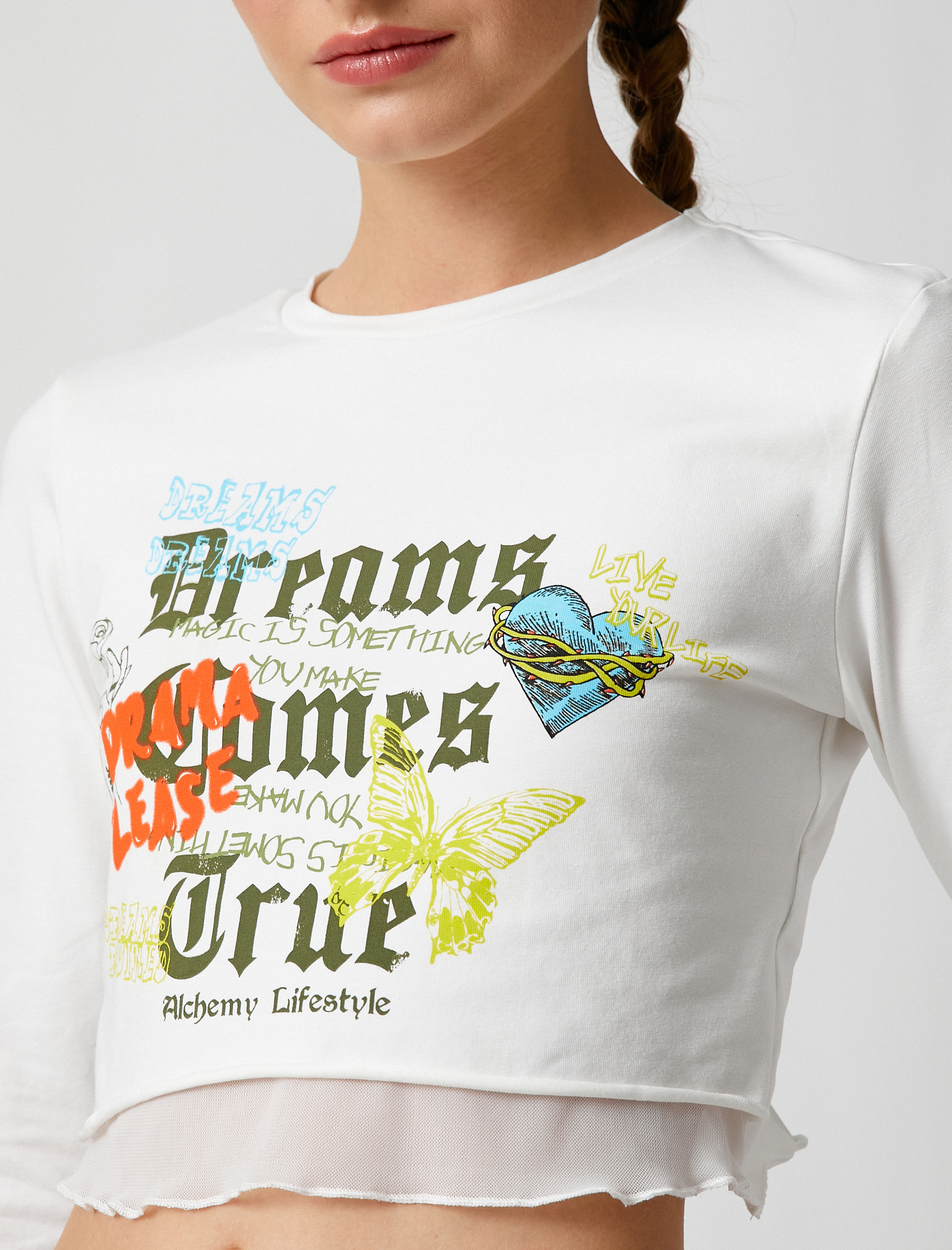   Uzun Kollu Tişört Crop Baskılı Bisiklet Yaka