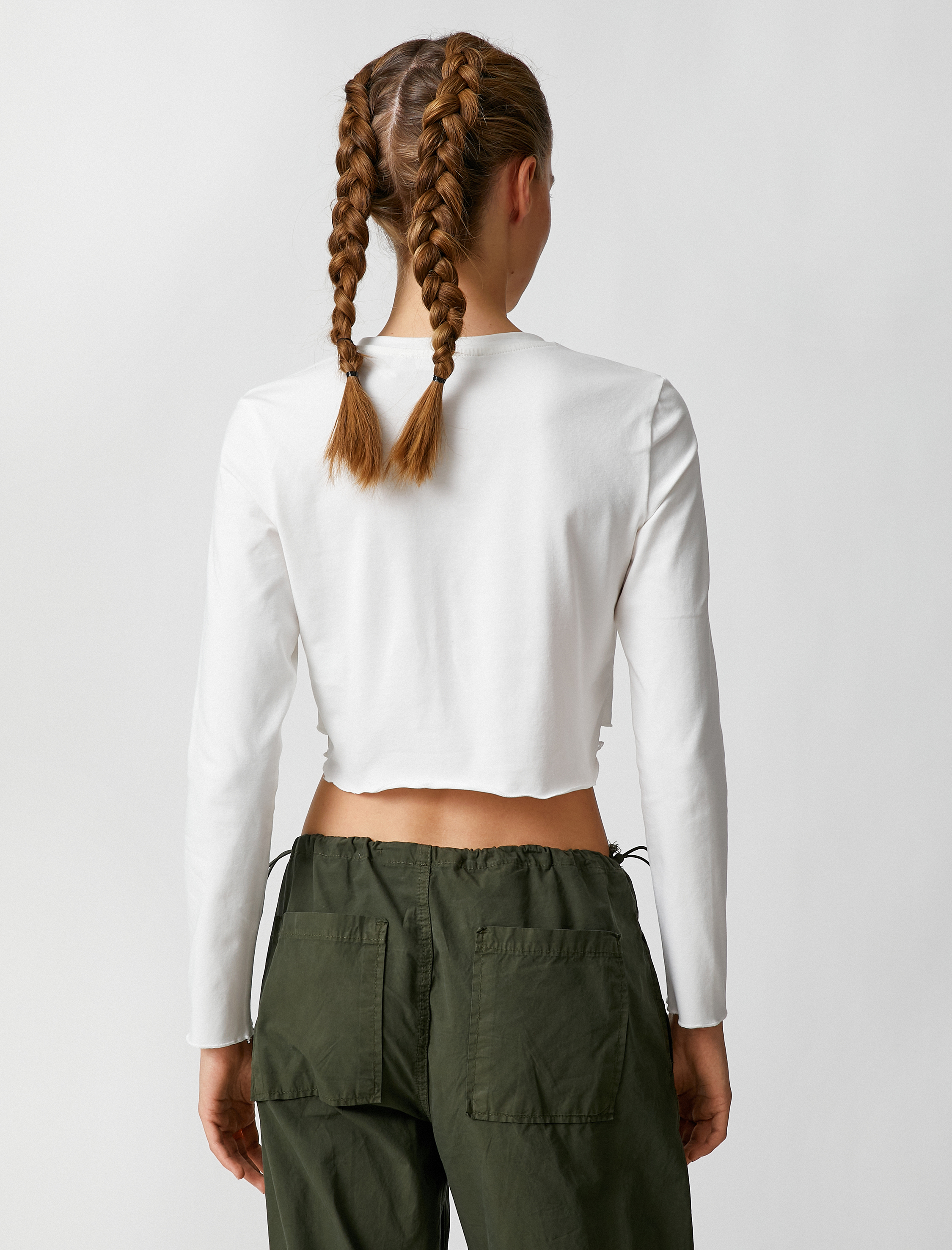   Uzun Kollu Tişört Crop Baskılı Bisiklet Yaka