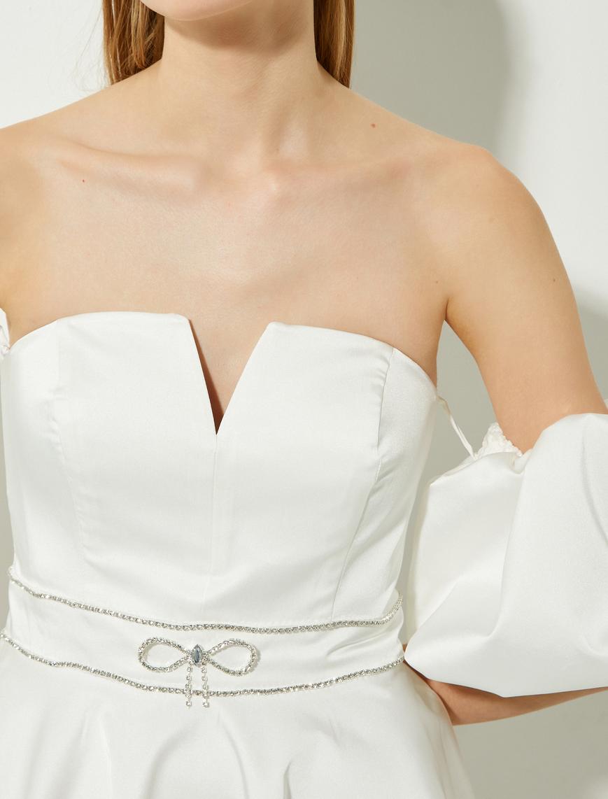   Bridal Mini Abiye Elbise Omzu Açık Taş Detaylı