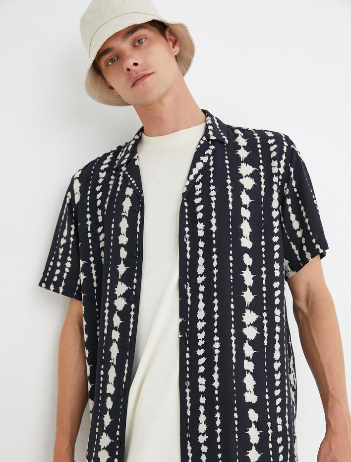  Kısa Kollu Gömlek Devrik Yaka Etnik Detaylı Düğmeli