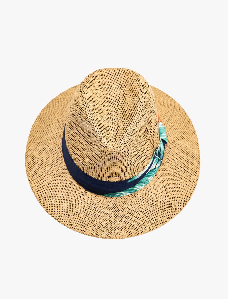 Kadın Hasır Fötr Şapka Tropikal Desenli Fiyonk Detaylı