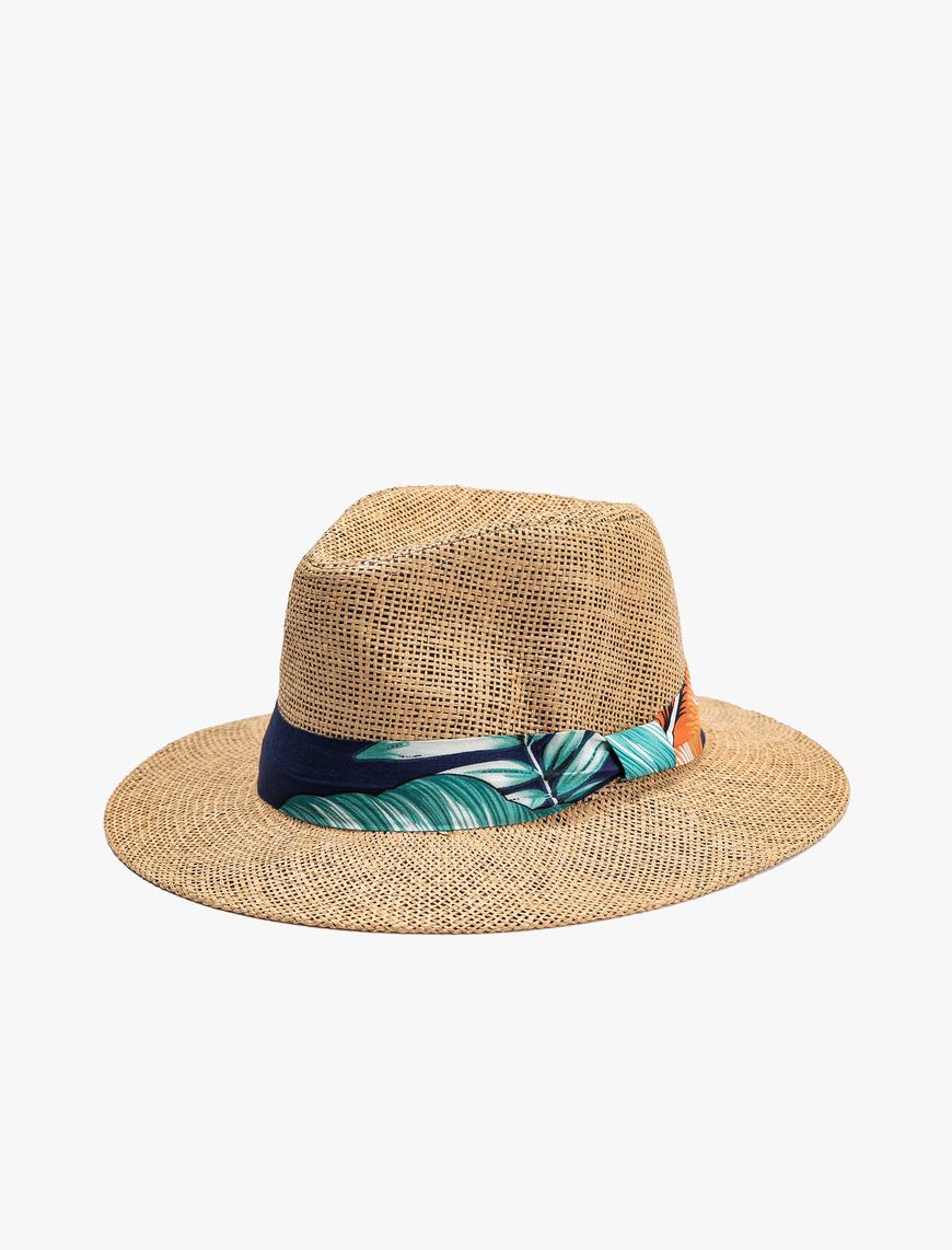  Kadın Hasır Fötr Şapka Tropikal Desenli Fiyonk Detaylı
