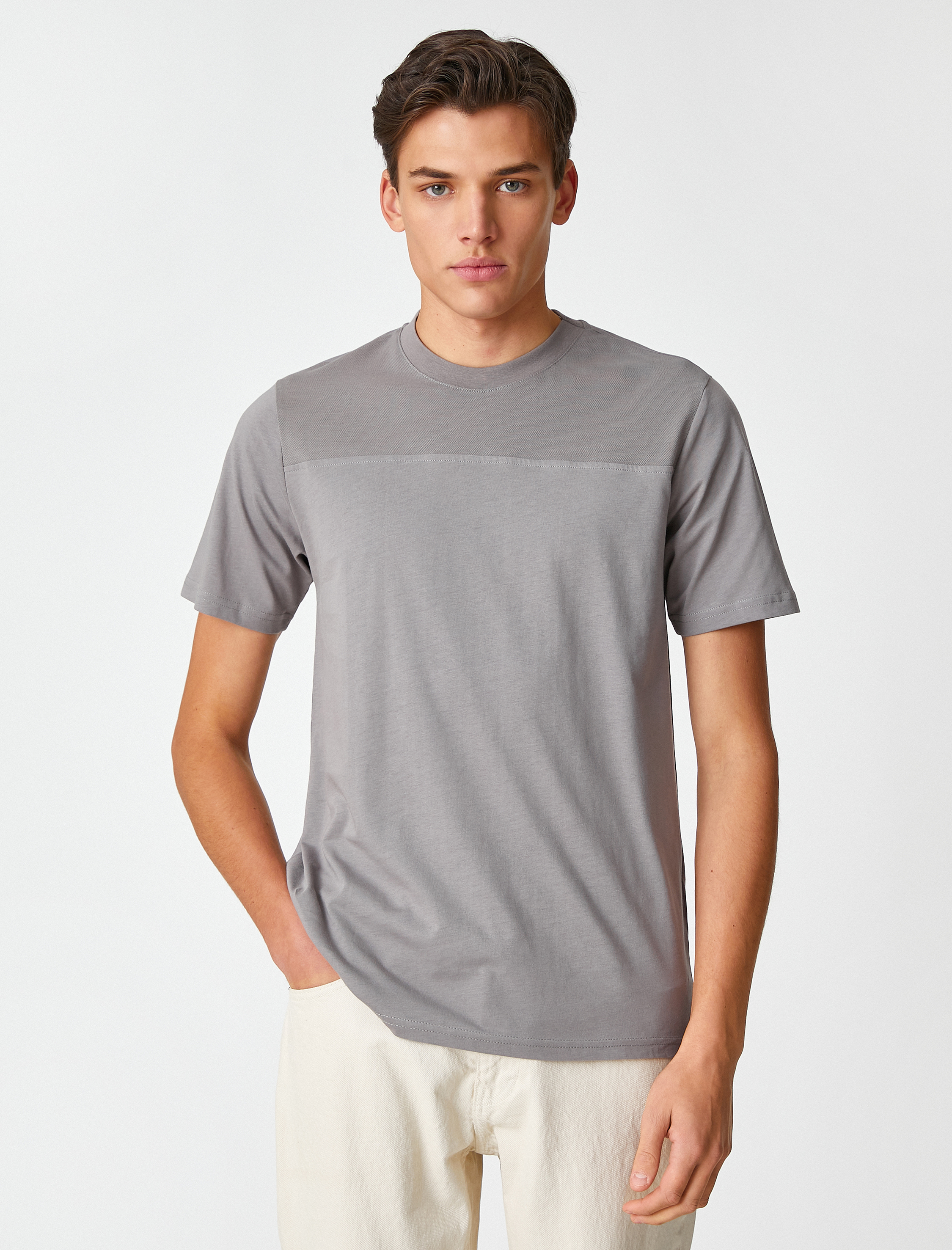   Bloklu Tişört Bisiklet Yaka Kısa Kollu Dikiş Detaylı