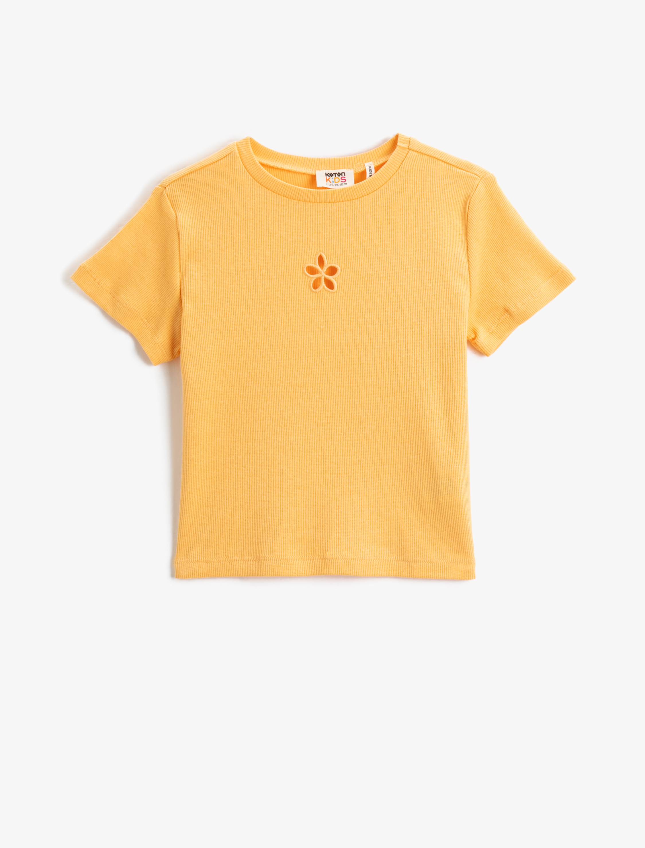  Kız Çocuk Basic Crop Tişört Çiçek Pencere Detaylı Kısa Kollu Bisiklet Yaka