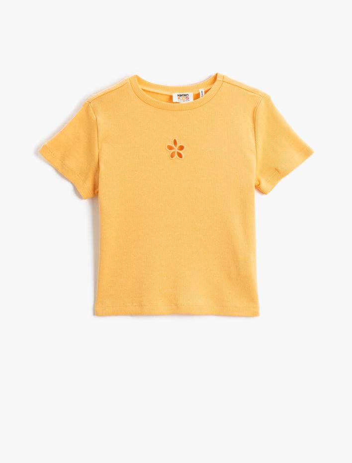 Kız Çocuk Basic Crop Tişört Çiçek Pencere Detaylı Kısa Kollu Bisiklet Yaka