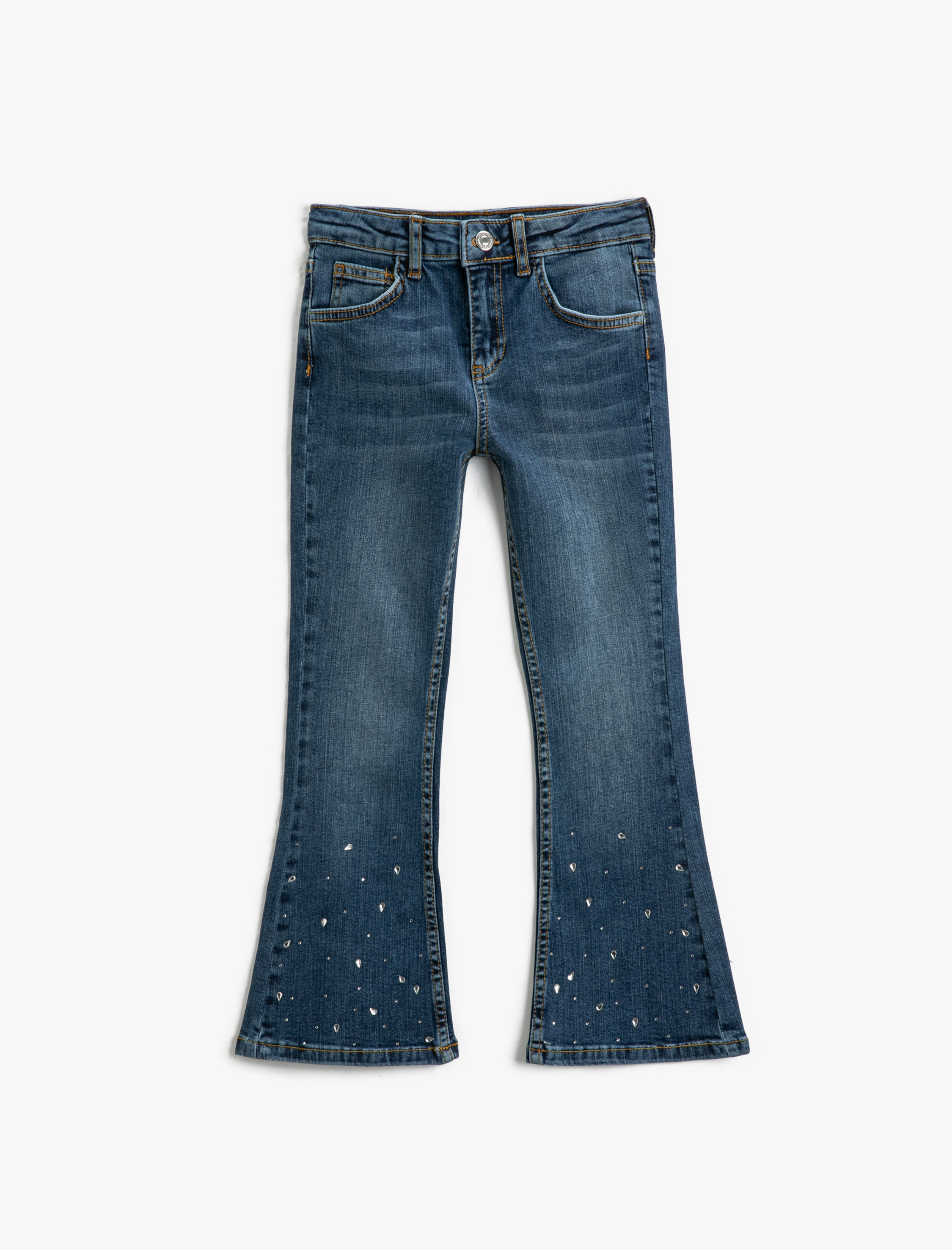  Kız Çocuk Kot Pantolon Boncuklu İspanyol Paça - Flare Jean Beli Ayarlanabilir Lastikli