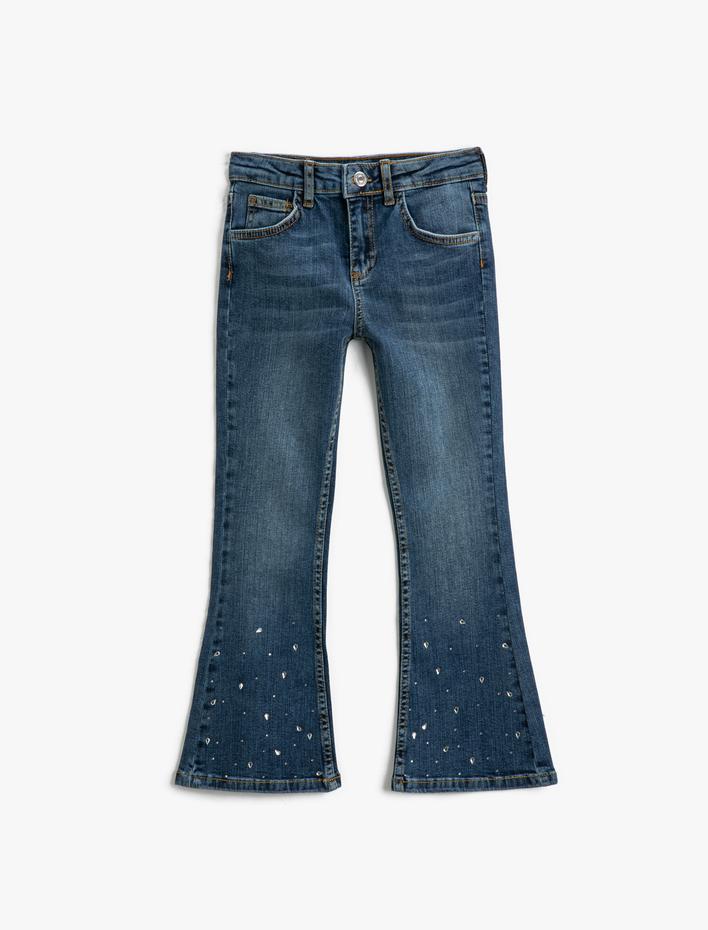 Kız Çocuk Kot Pantolon Boncuklu İspanyol Paça - Flare Jean Beli Ayarlanabilir Lastikli