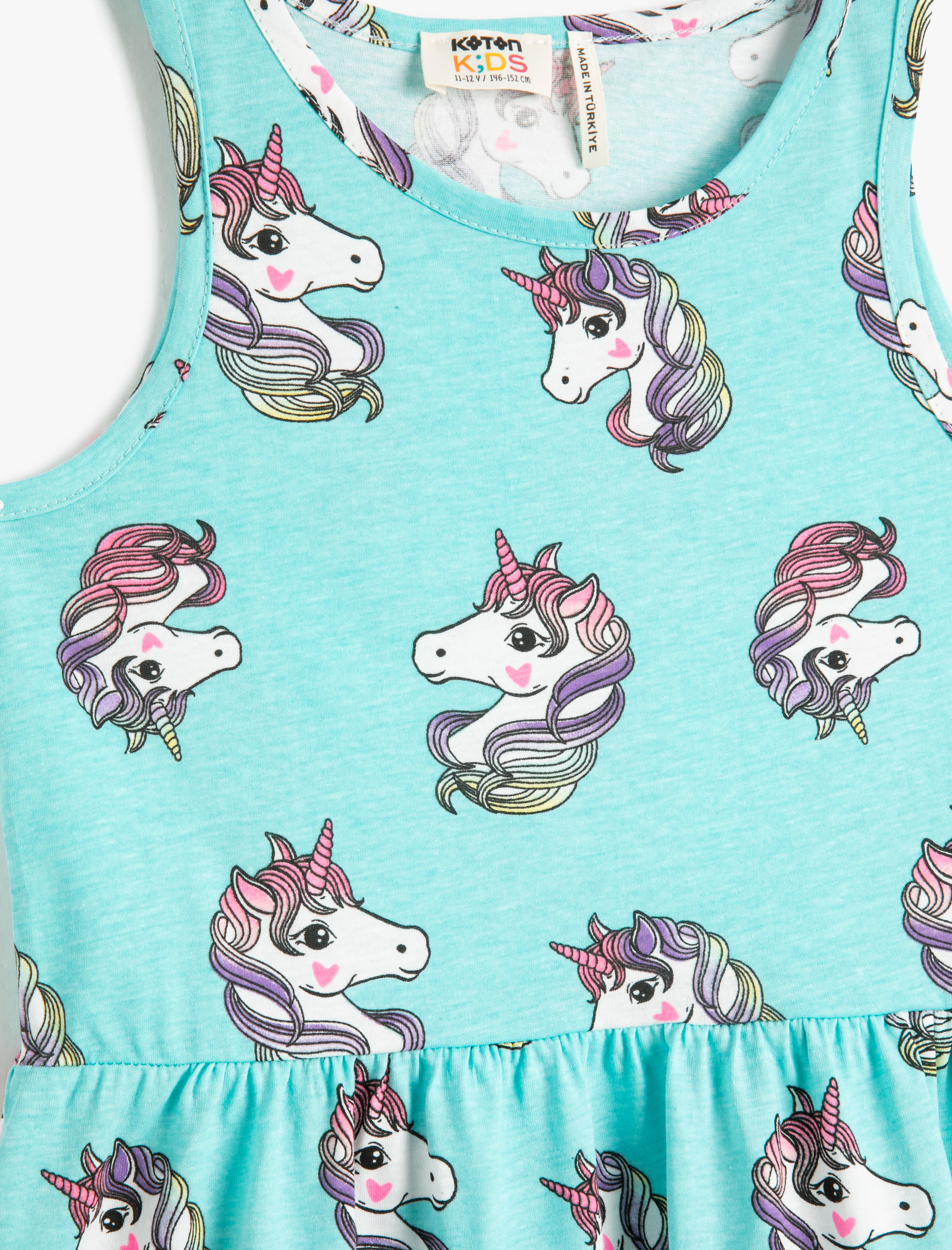  Kız Çocuk Penye Elbise Kolsuz Yuvarlak Yaka Unicorn Baskılı Pamuklu