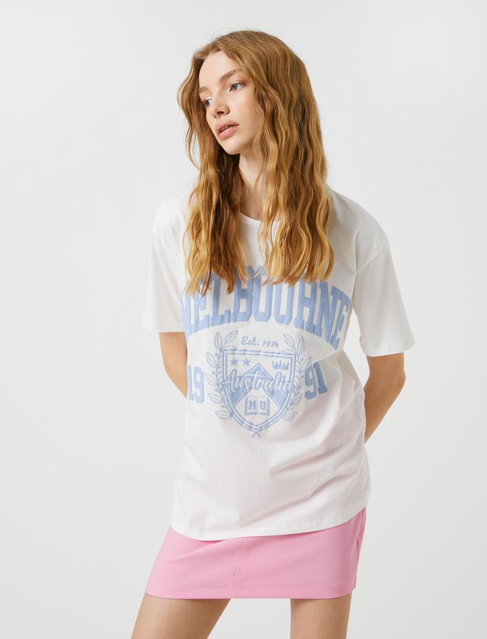  Kolej Baskılı Tişört Kısa Kollu Bisiklet Yaka Pamuklu