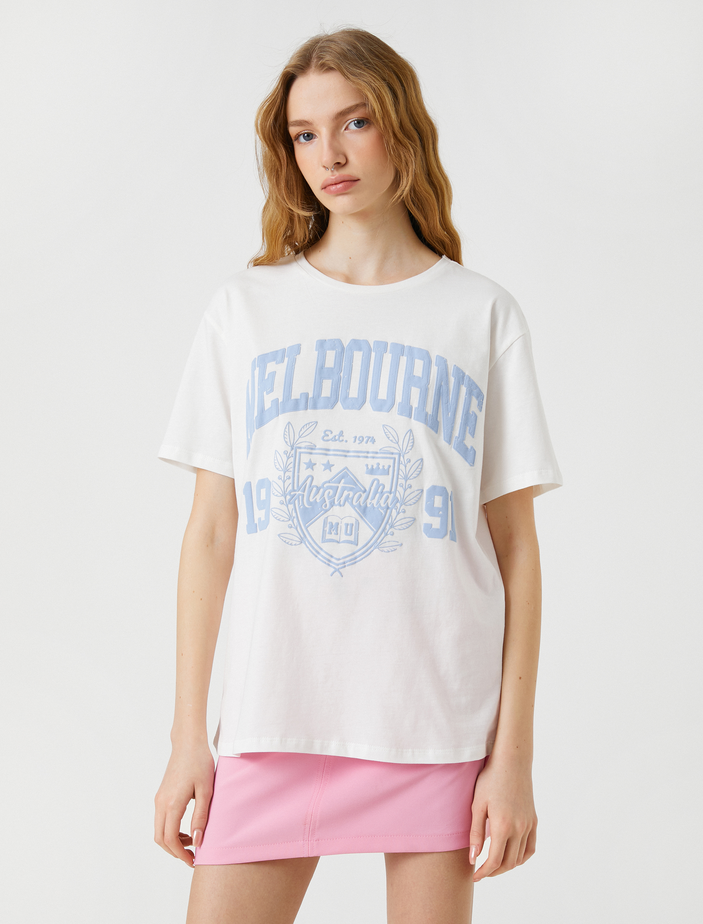   Kolej Baskılı Tişört Kısa Kollu Bisiklet Yaka Pamuklu