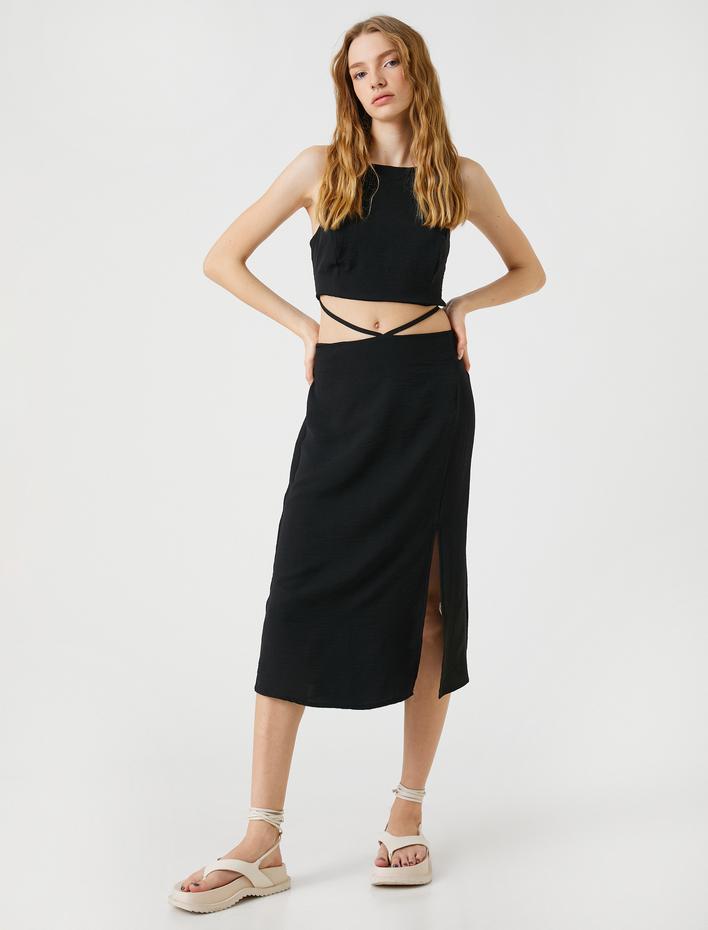  Midi Elbise Pencere Detaylı Yırtmaçlı Halter Yaka