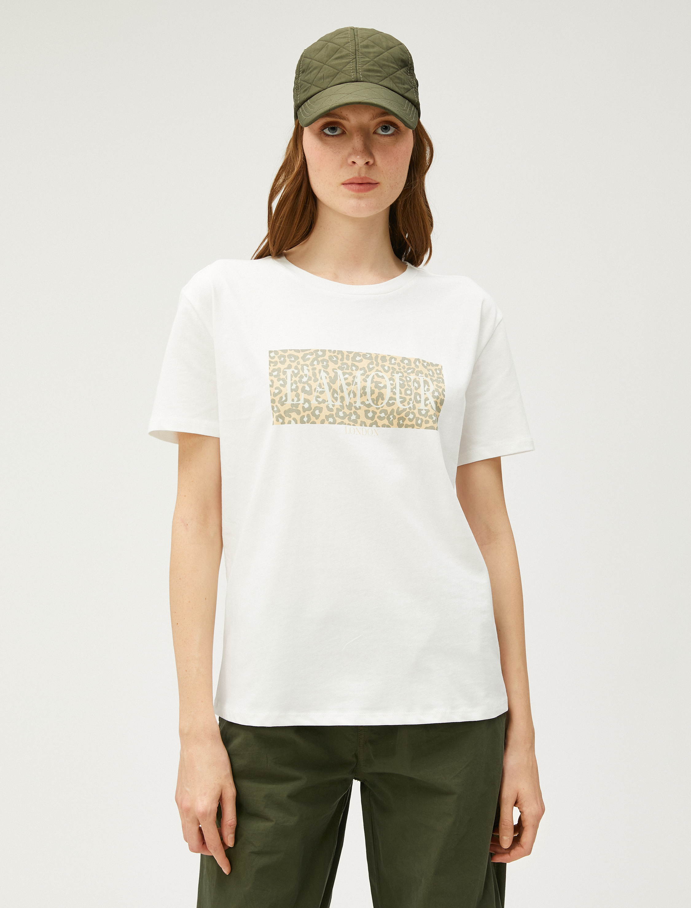   Kısa Kollu Tişört Leopar Baskılı Pamuklu