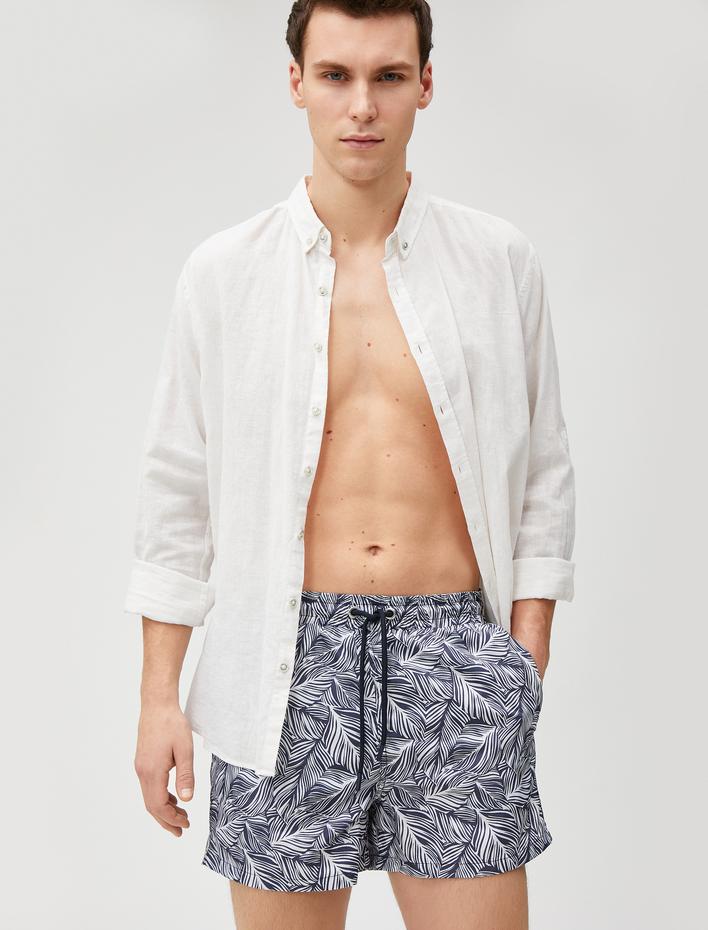  Deniz Şortu Yaprak Baskılı Beli Bağcıklı Cepli