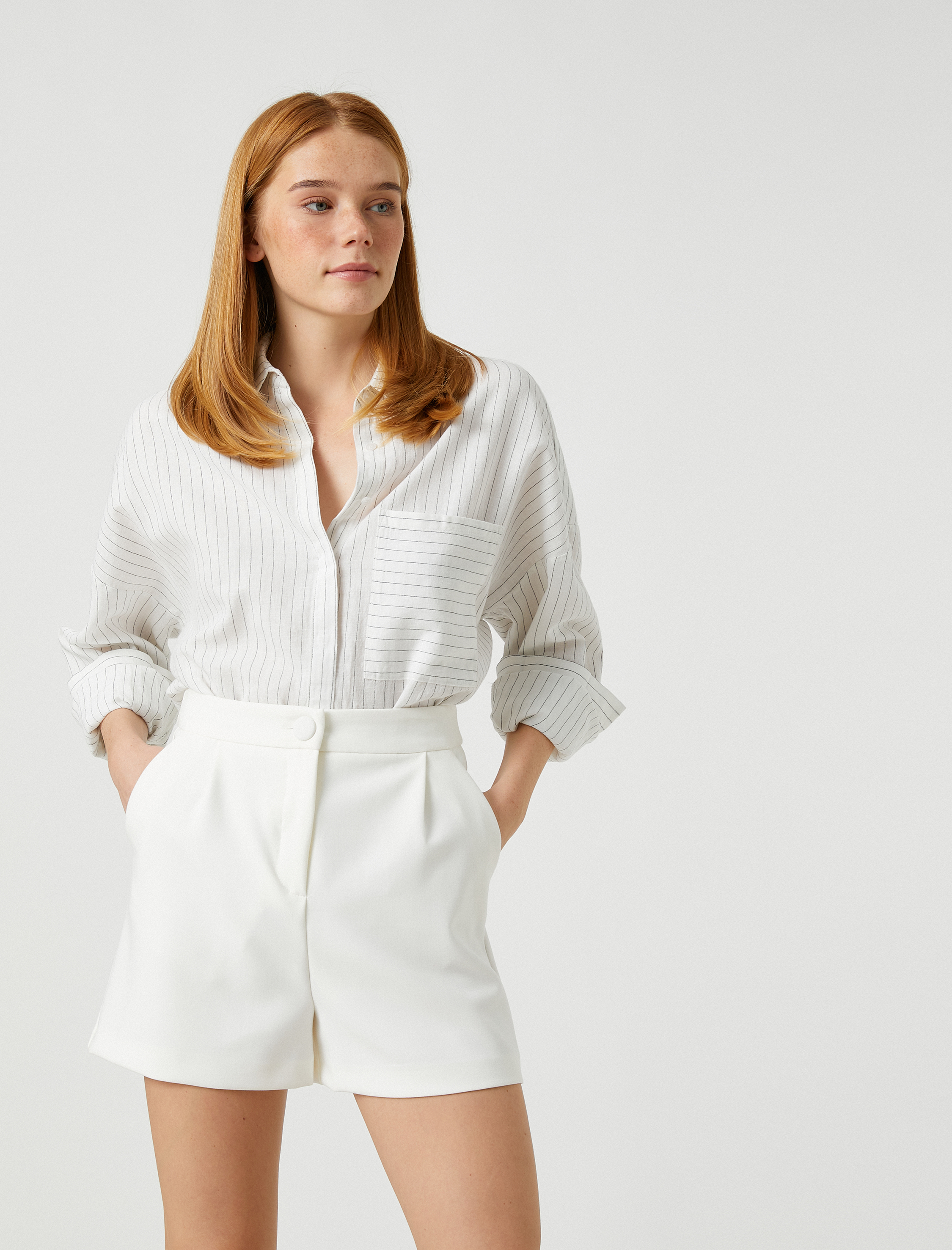   Oversize Cepli Gömlek Uzun Kollu Keten Karışımlı