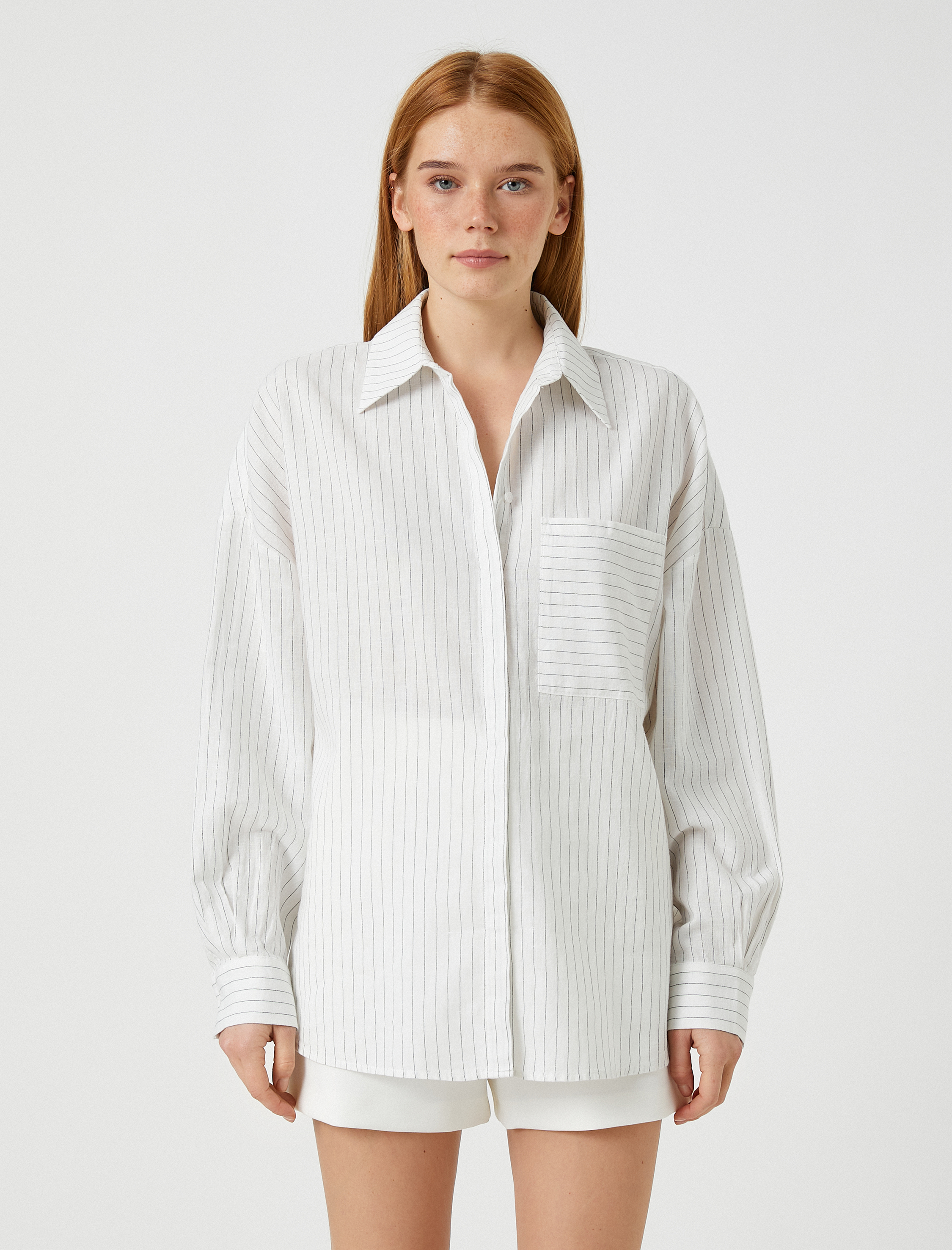   Oversize Cepli Gömlek Uzun Kollu Keten Karışımlı