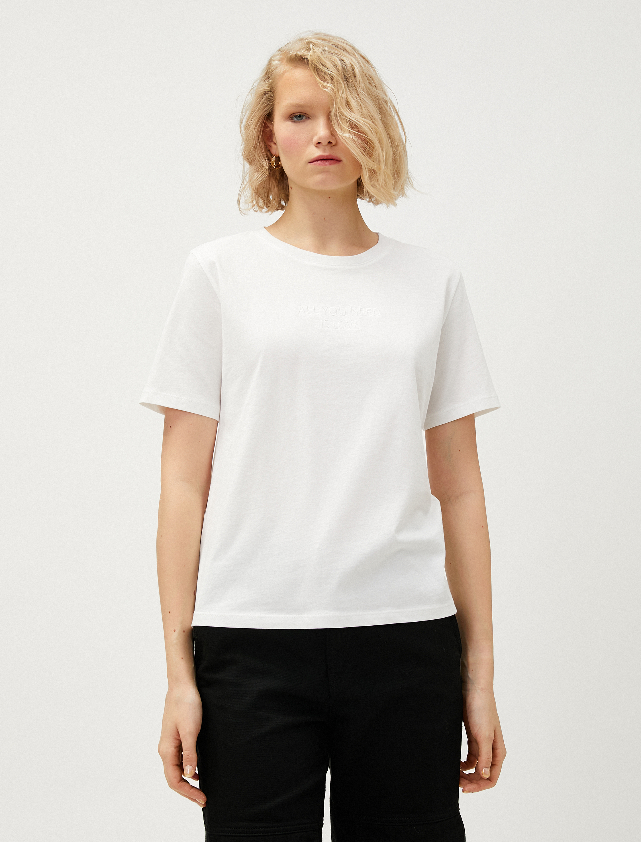   Yazı İşlemeli Tişört Bisiklet Yaka