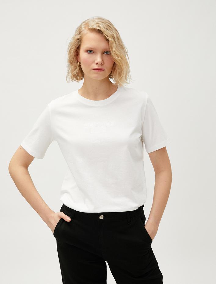  Yazı İşlemeli Tişört Bisiklet Yaka