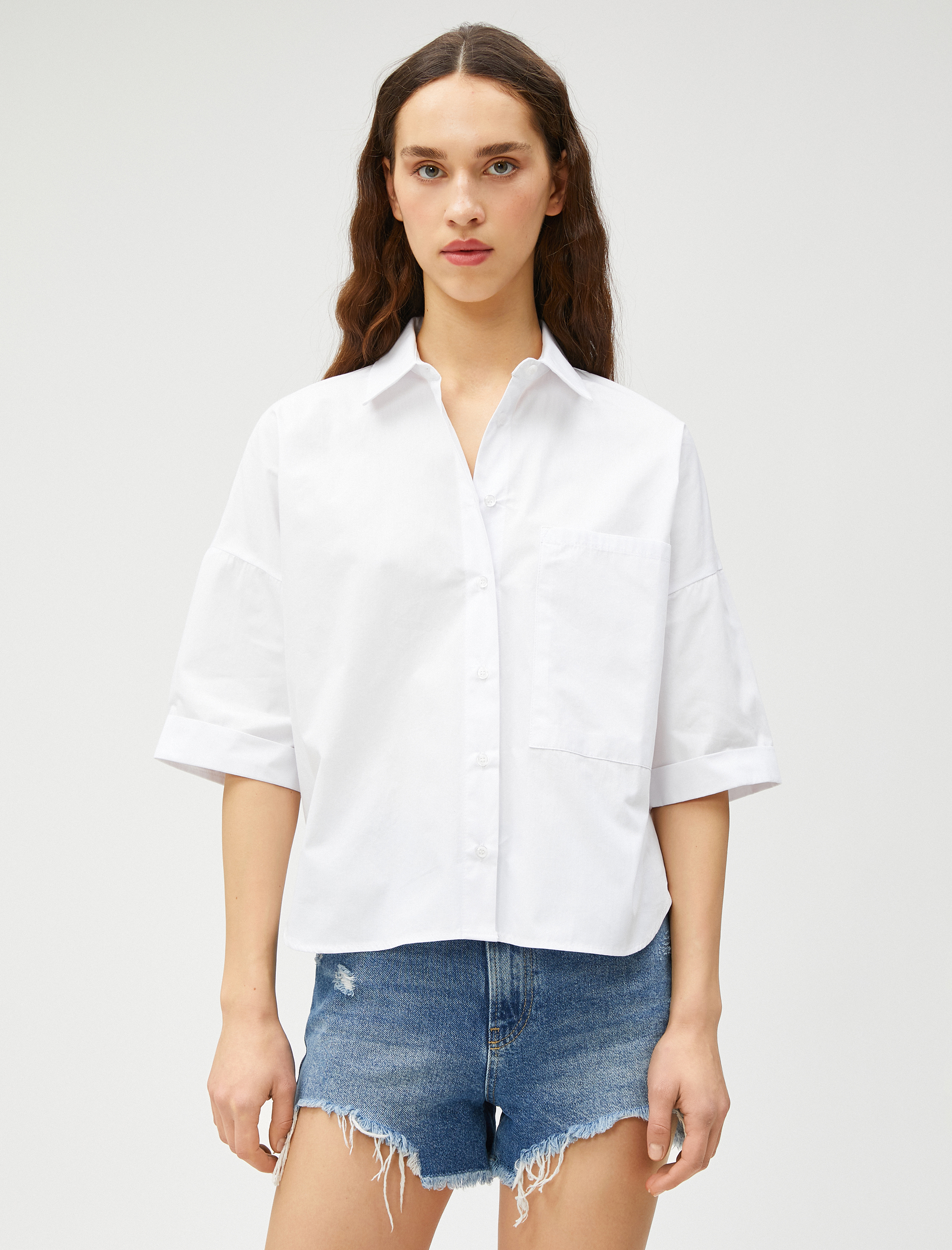   Kısa Kollu Poplin Gömlek Pamuklu Düğmeli Tek Cepli