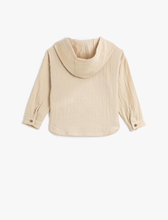 Erkek Bebek Müslin Sweatshirt Kapşonlu Uzun Kollu  Düğmeli Cepli