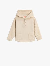 Müslin Sweatshirt Kapşonlu Uzun Kollu  Düğmeli Cepli