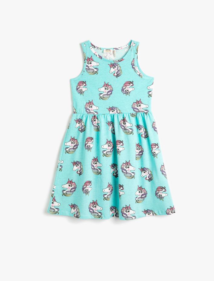 Kız Çocuk Penye Elbise Kolsuz Yuvarlak Yaka Unicorn Baskılı Pamuklu