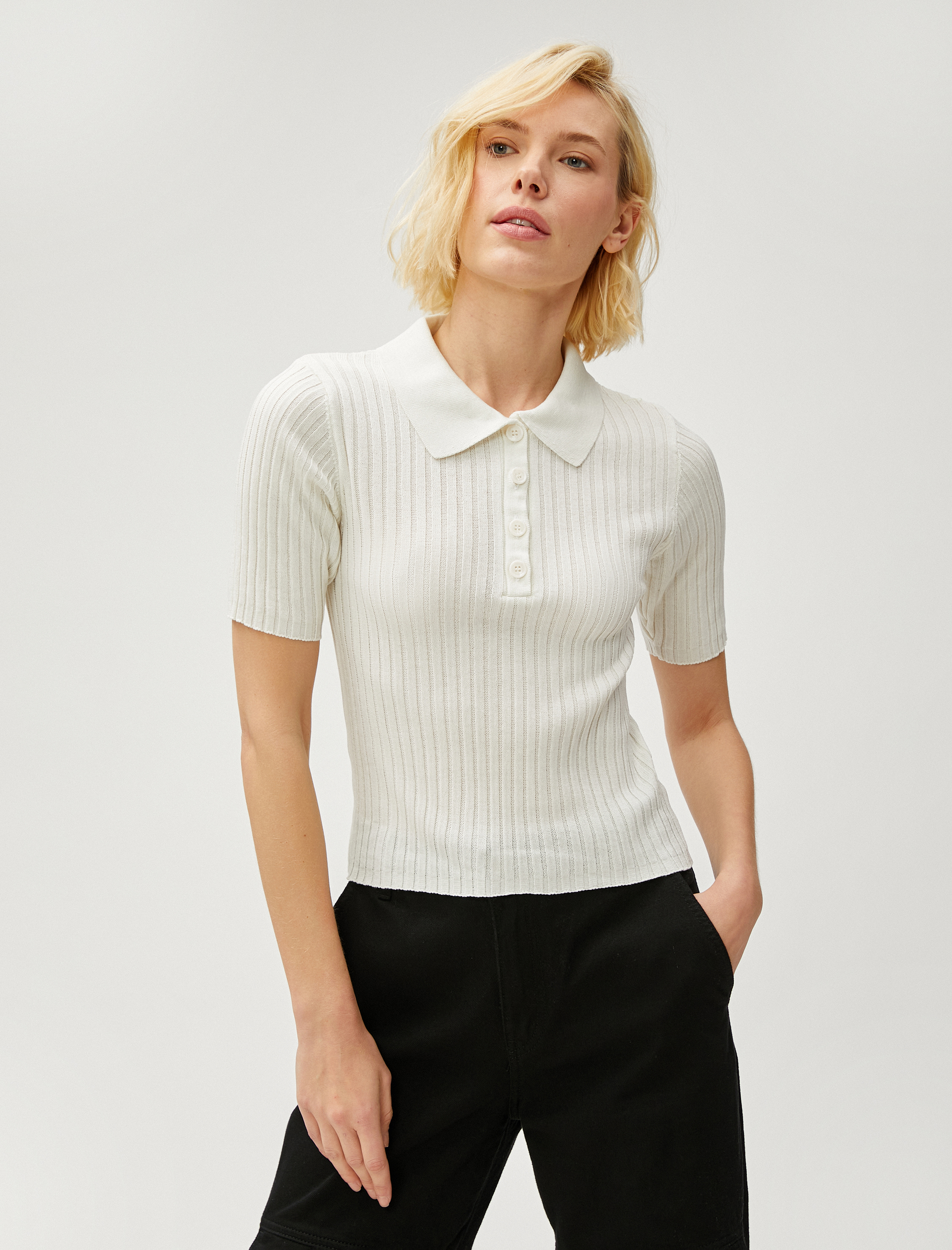   Polo Yaka Triko Kazak Düğmeli Ribanalı