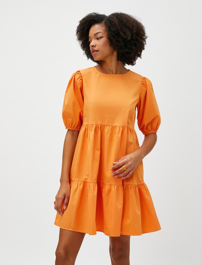  Mini Poplin Elbise Balon Kollu Volanlı Bisiklet Yaka Pamuklu