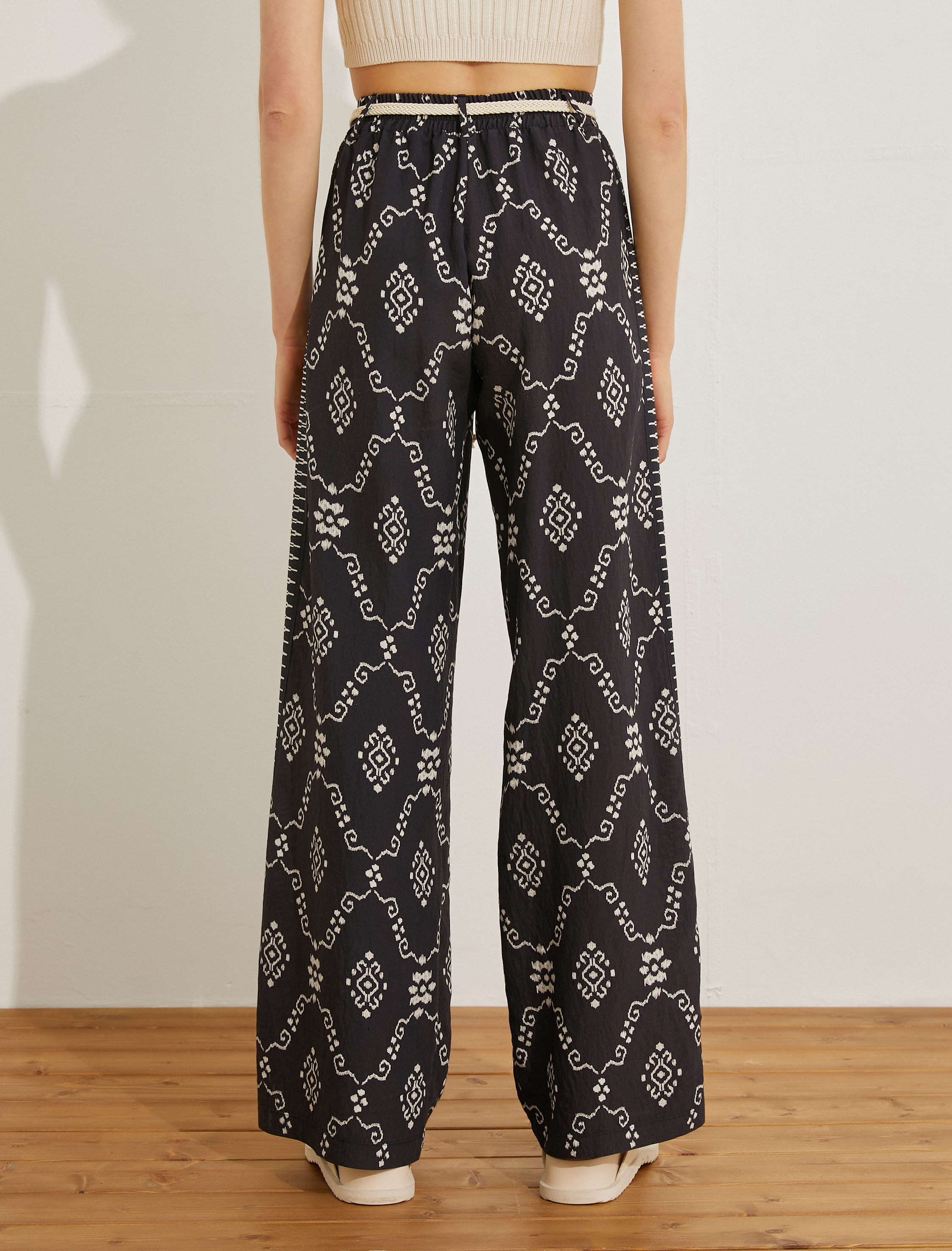 Etnik Baskılı Bol Paça Pantolon Cepli Kemerli