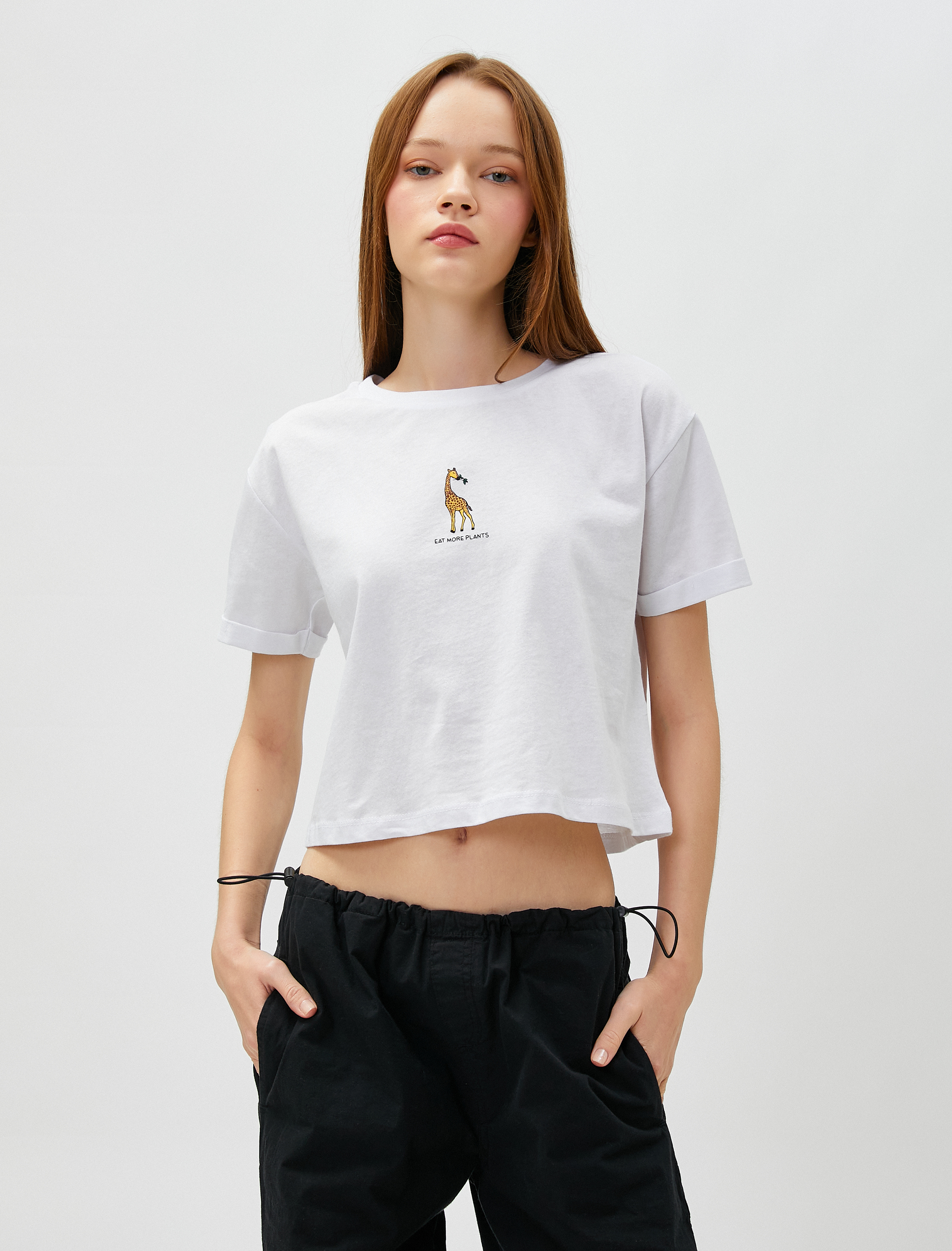   Crop Tişört Baskılı Kısa Kollu Bisiklet Yaka Pamuklu