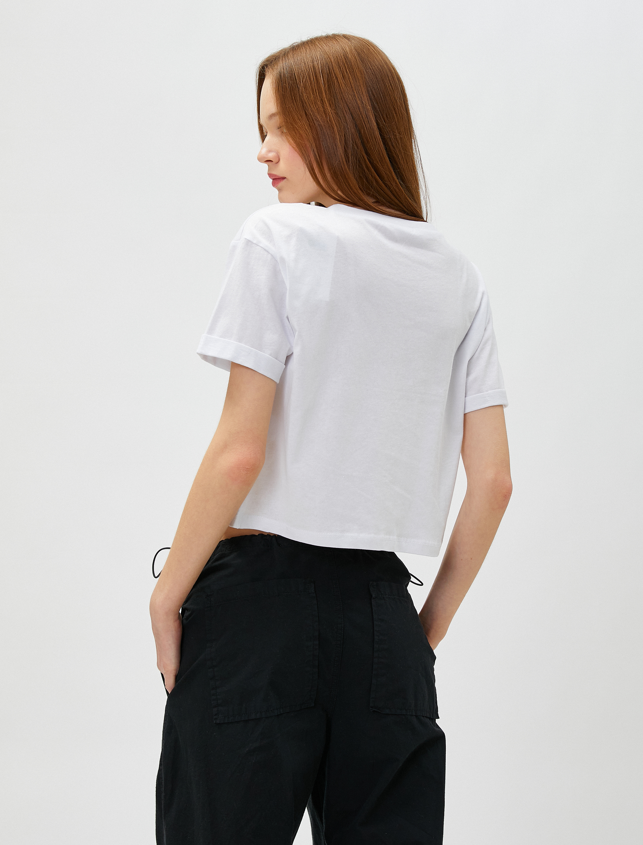   Crop Tişört Baskılı Kısa Kollu Bisiklet Yaka Pamuklu