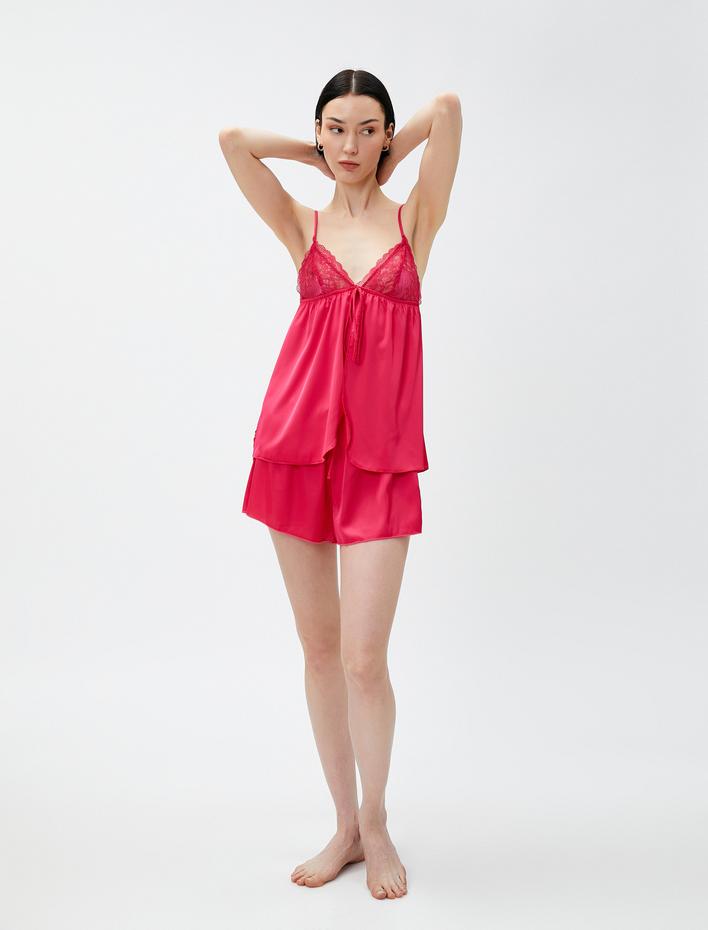  Saten Babydoll İnce Askılı Dantelli