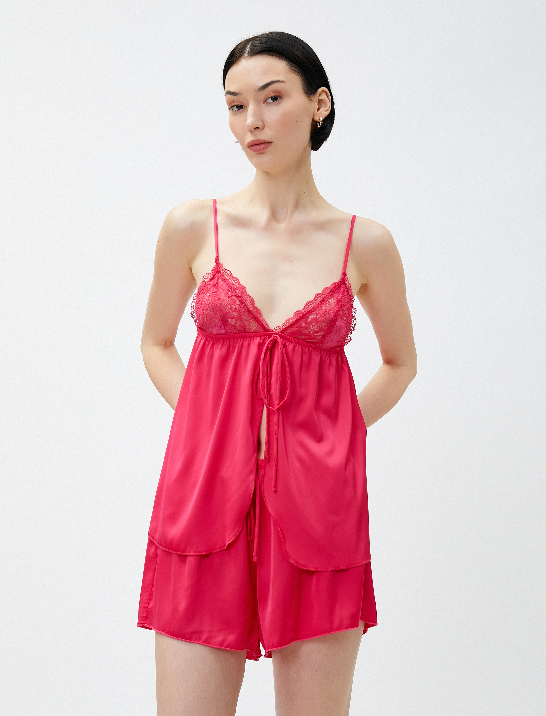   Saten Babydoll İnce Askılı Dantelli