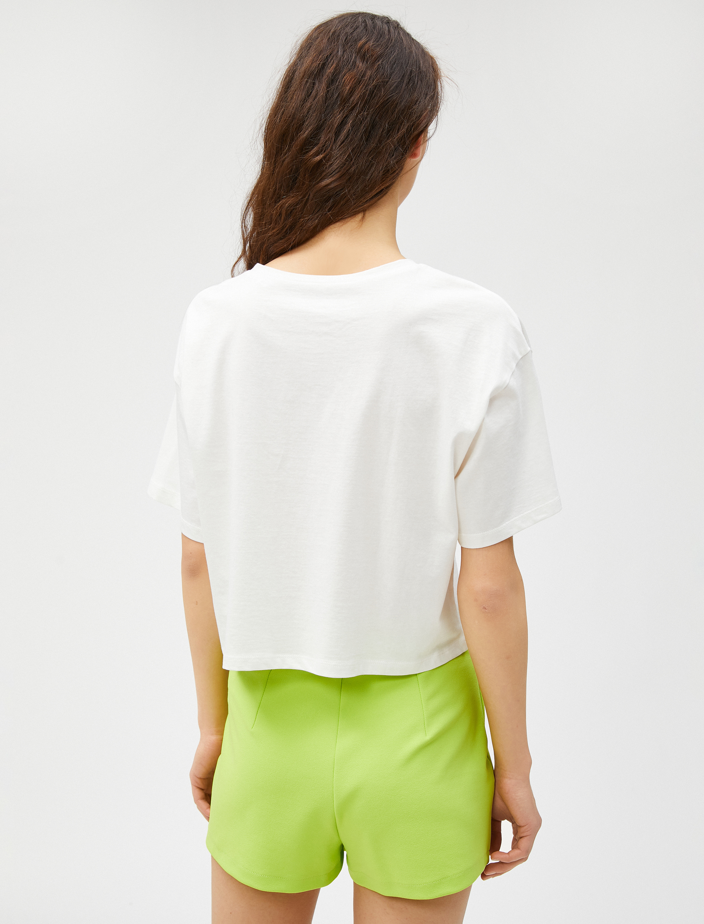   Crop Tişört Baskılı Kısa Kollu Bisiklet Yaka Pamuklu