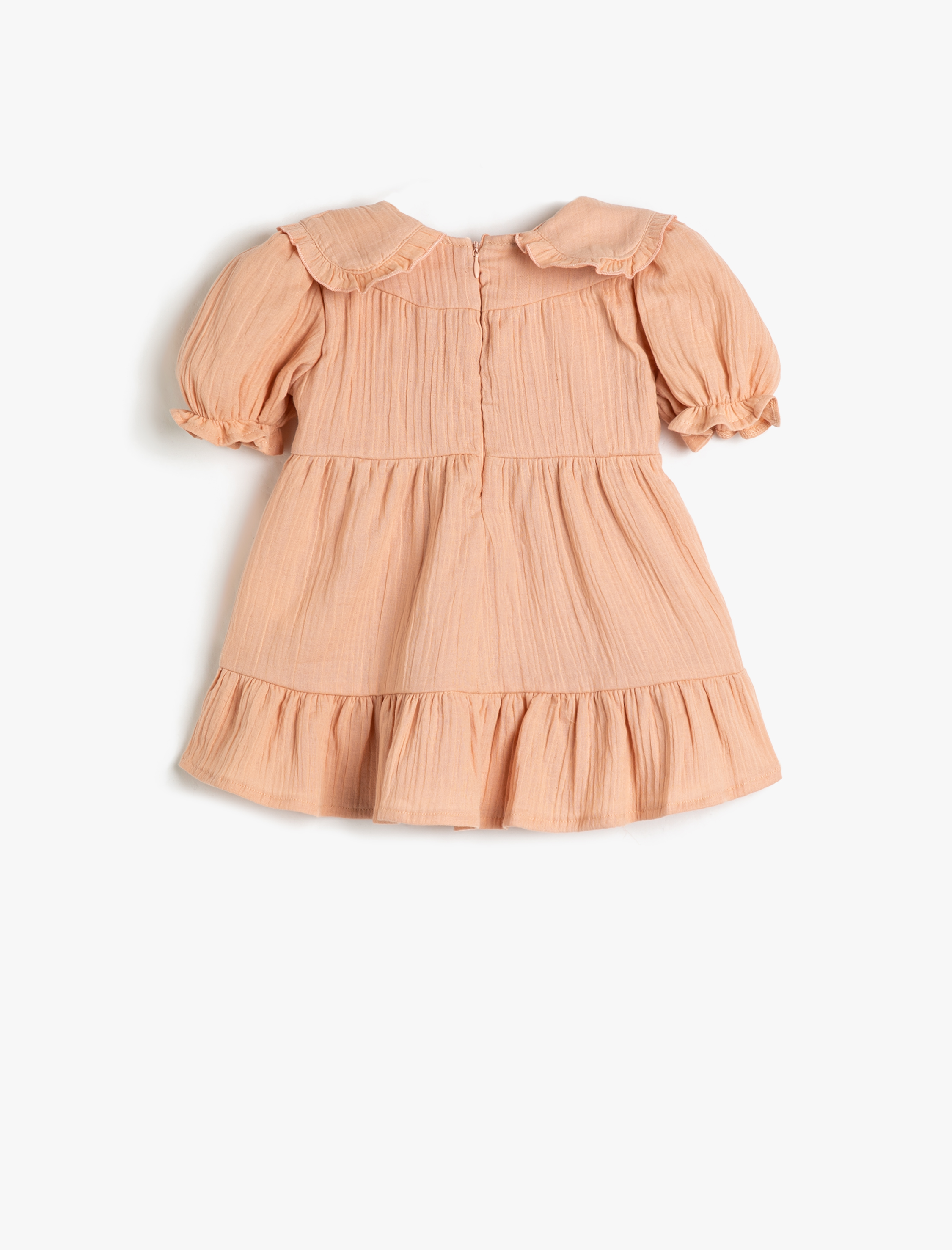  Kız Bebek Elbise Geniş Bebe Yaka Lastikli Kısa Balon Kollu Fırfırlı Pamuklu