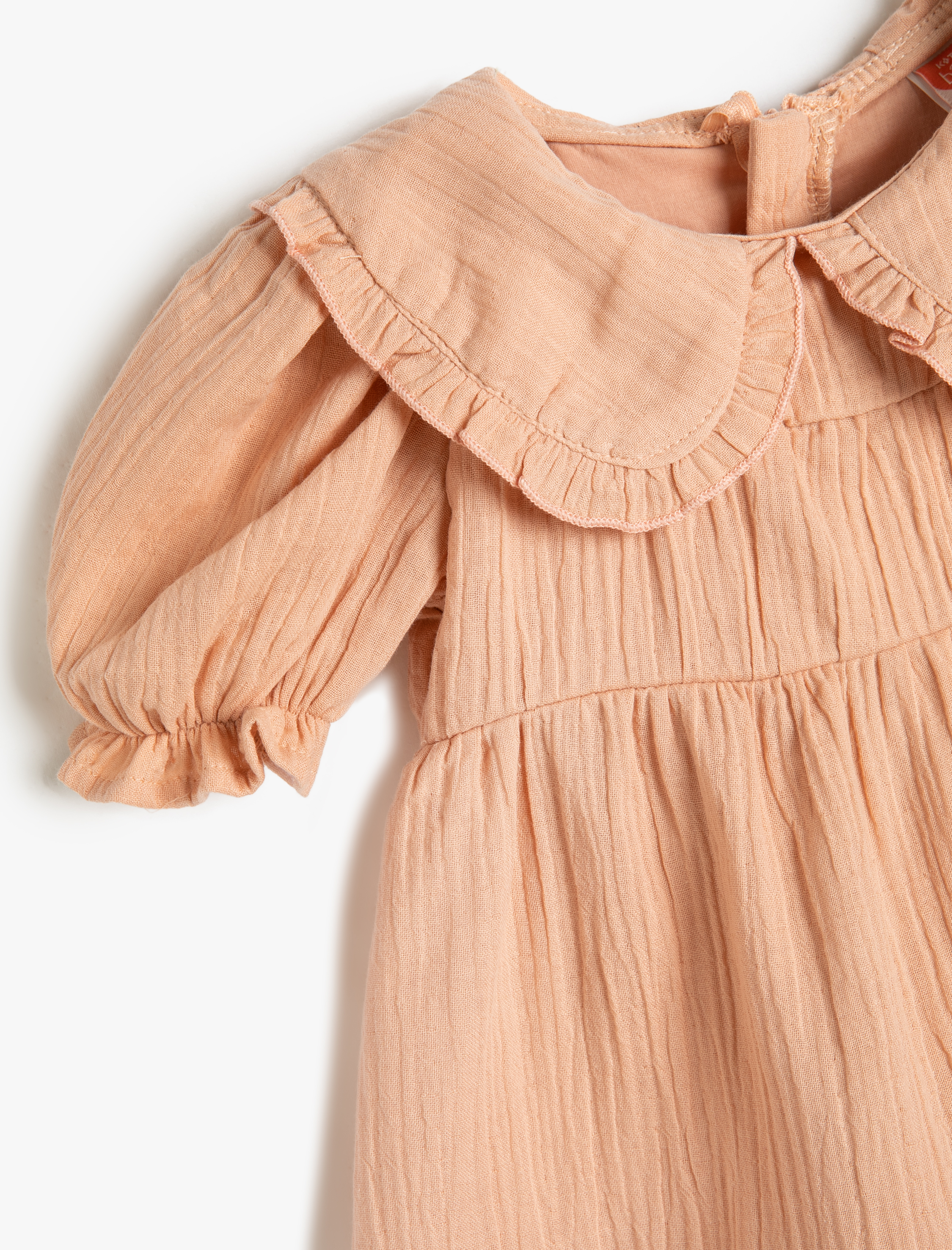  Kız Bebek Elbise Geniş Bebe Yaka Lastikli Kısa Balon Kollu Fırfırlı Pamuklu