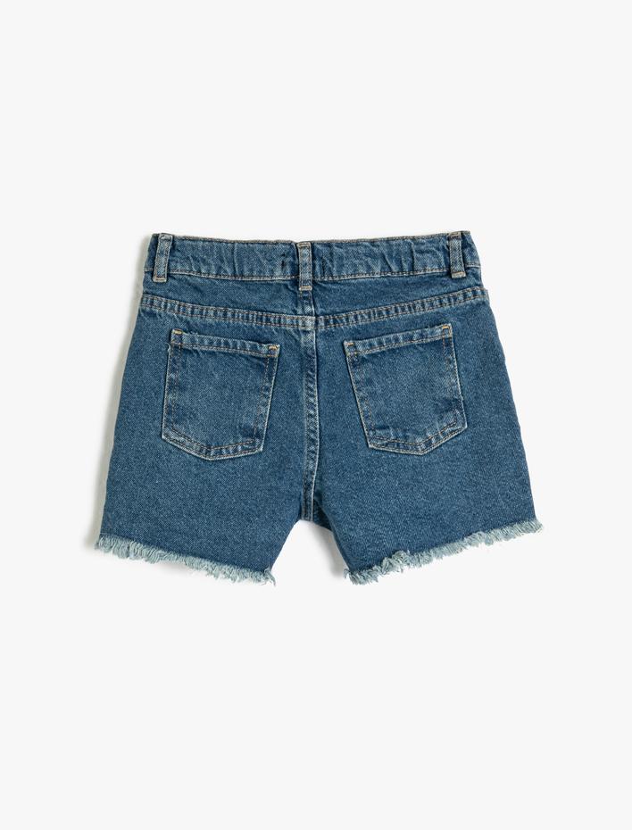 Kız Çocuk Kot Şort Destroylu Cepli Pamuklu Beli Ayarlanabilir Lastikli