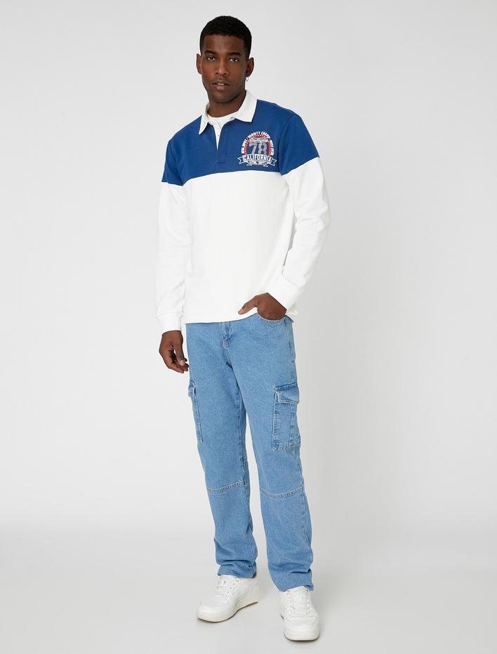  Polo Yaka Sweatshirt Kolej Baskılı Düğmeli