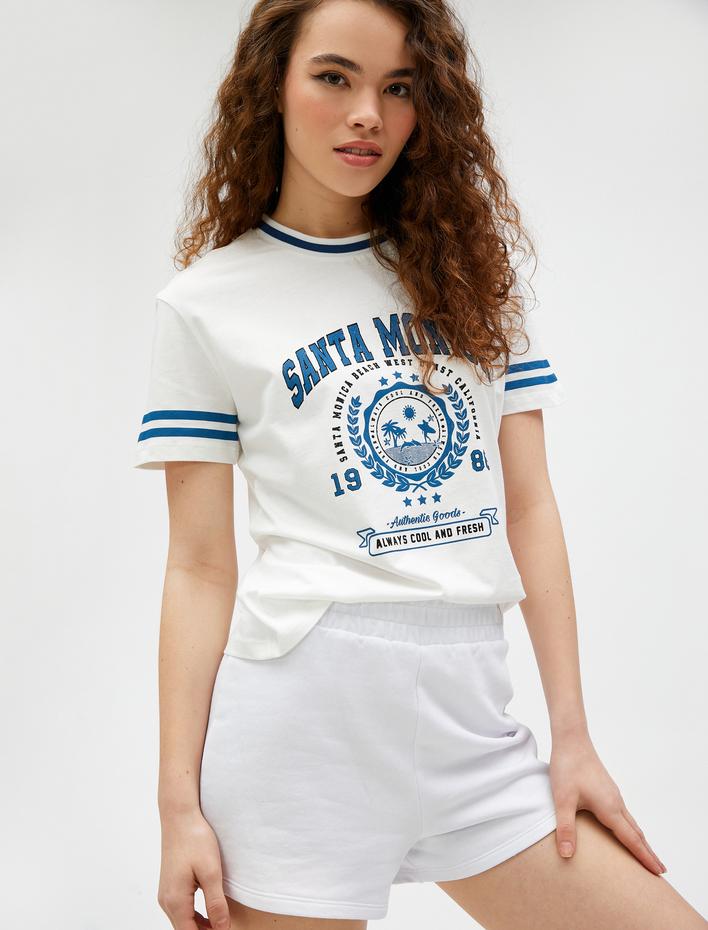  Kolej Baskılı Tişört Kısa Kollu Bisiklet Yaka Pamuklu