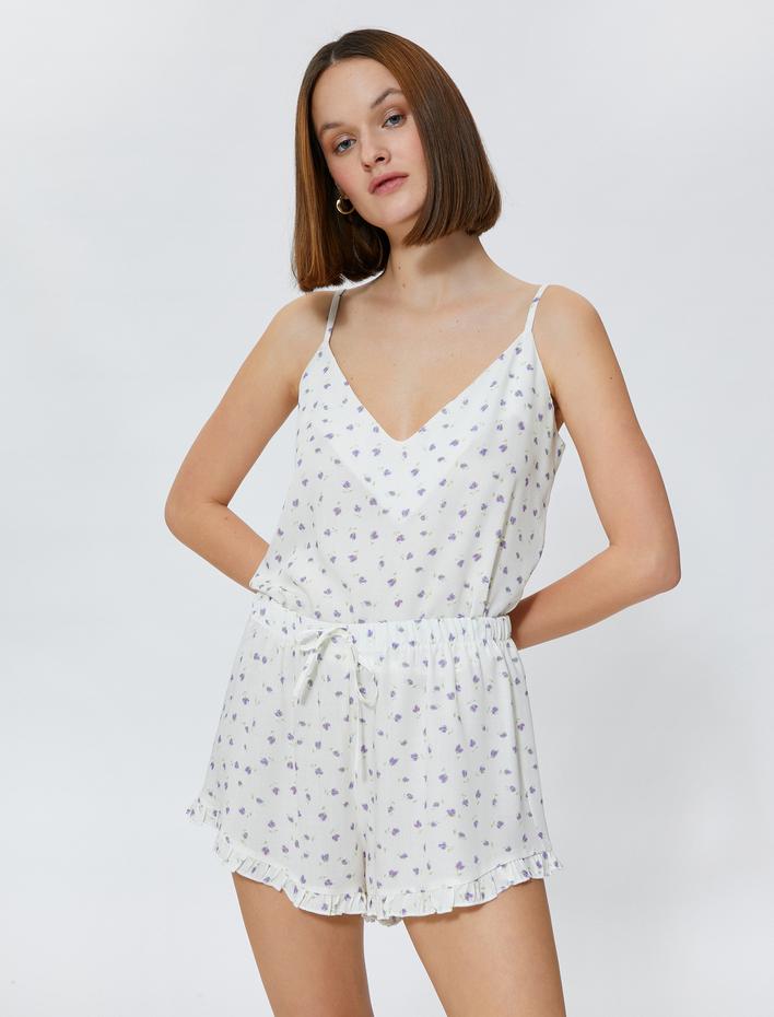  Şort Pijama Altı Çiçekli Beli Bağcıklı Fırfırlı