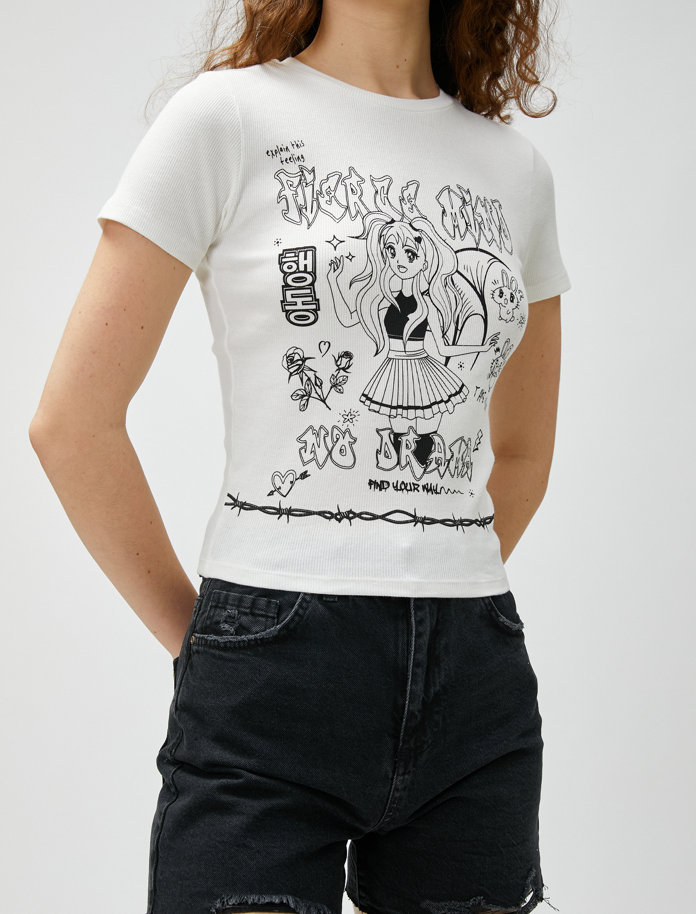   Anime Tişört Baskılı Bisiklet Yaka Kısa Kollu Pamuklu