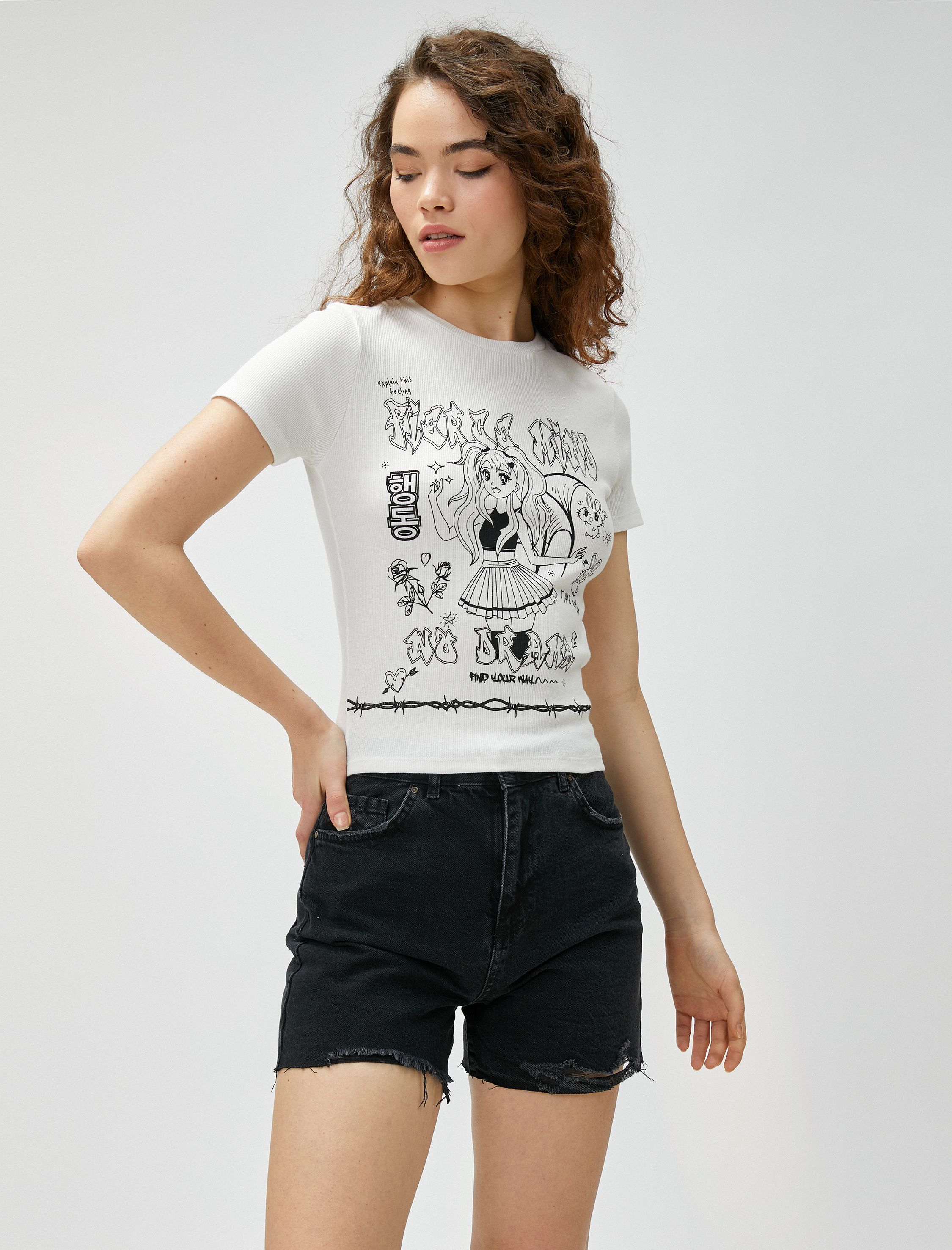   Anime Tişört Baskılı Bisiklet Yaka Kısa Kollu Pamuklu