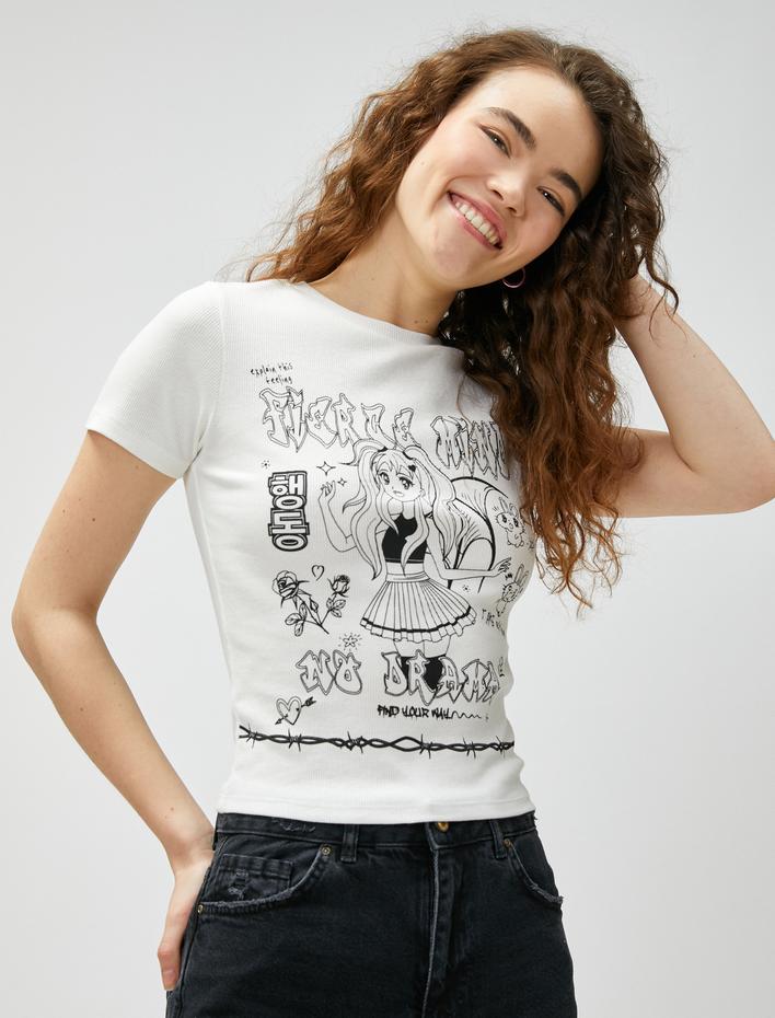  Anime Tişört Baskılı Bisiklet Yaka Kısa Kollu Pamuklu