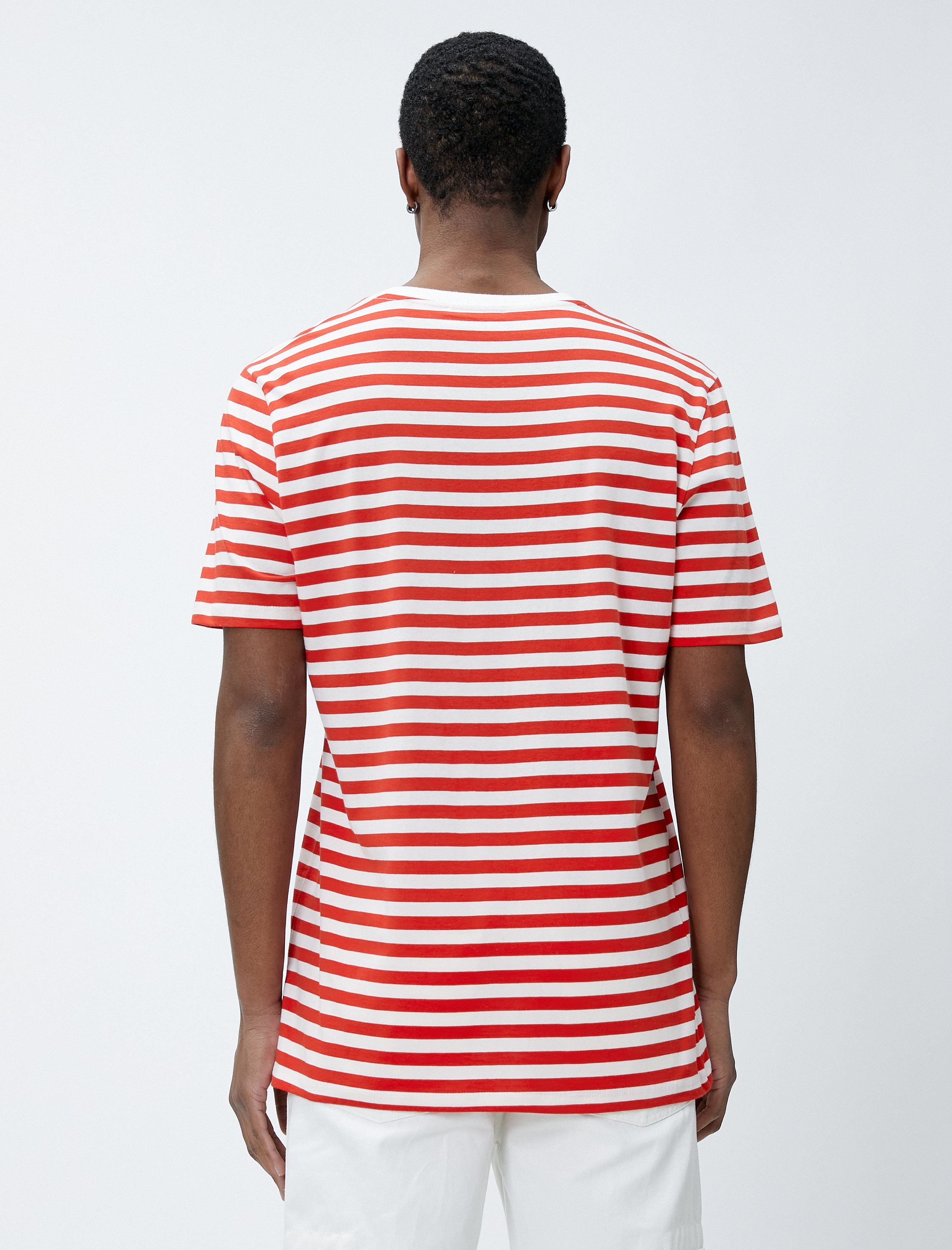   Çizgili Tişört İşleme Detaylı Bisiklet Yaka Kısa Kollu Pamuklu