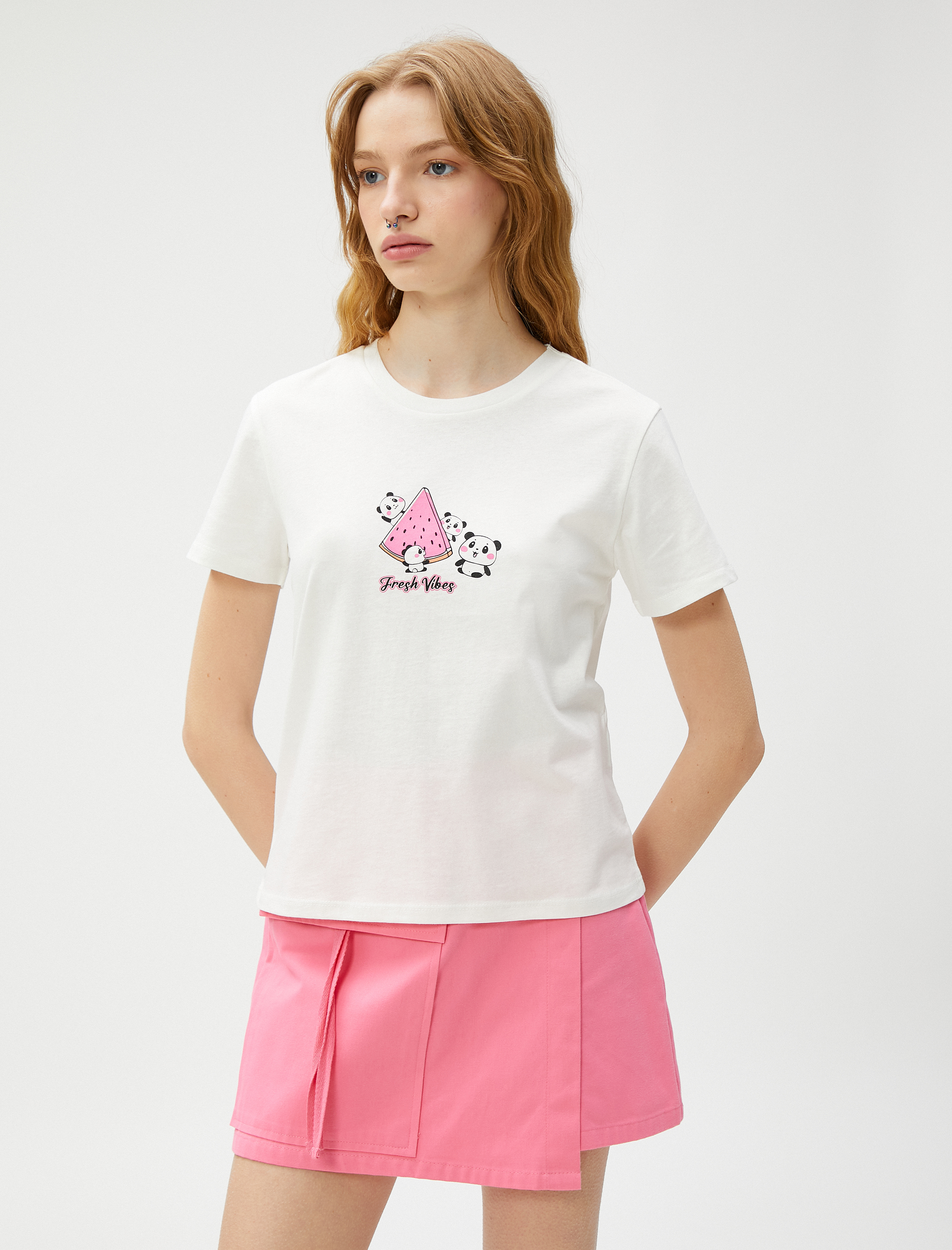   Baskılı Tişört Bisiklet Yaka Kısa Kollu Pamuklu