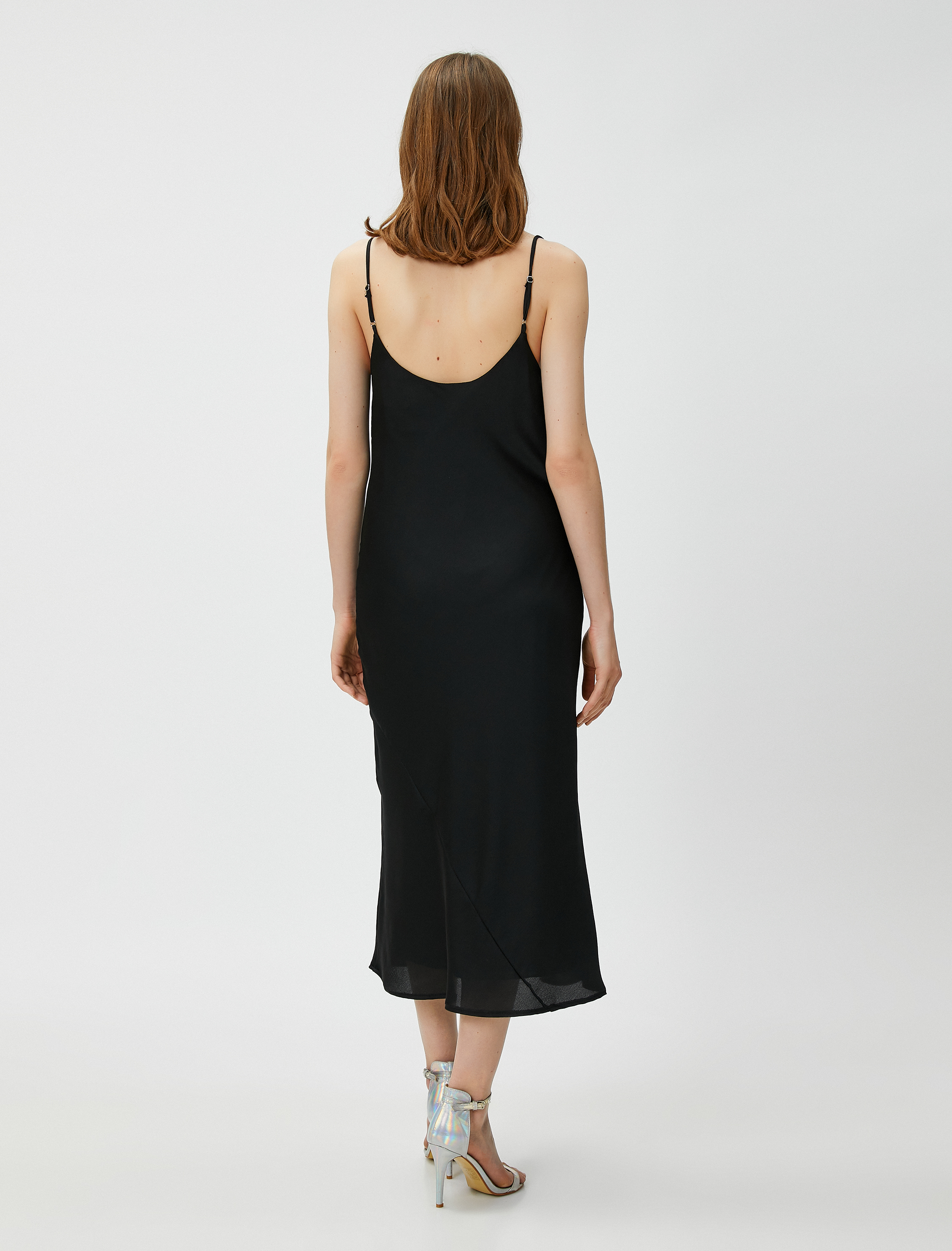 Saten Midi Abiye Elbise Degaje Yaka